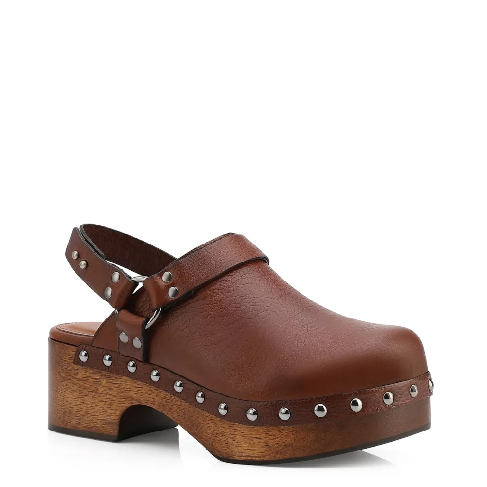 Mule Clog Couro Estonado Marrom