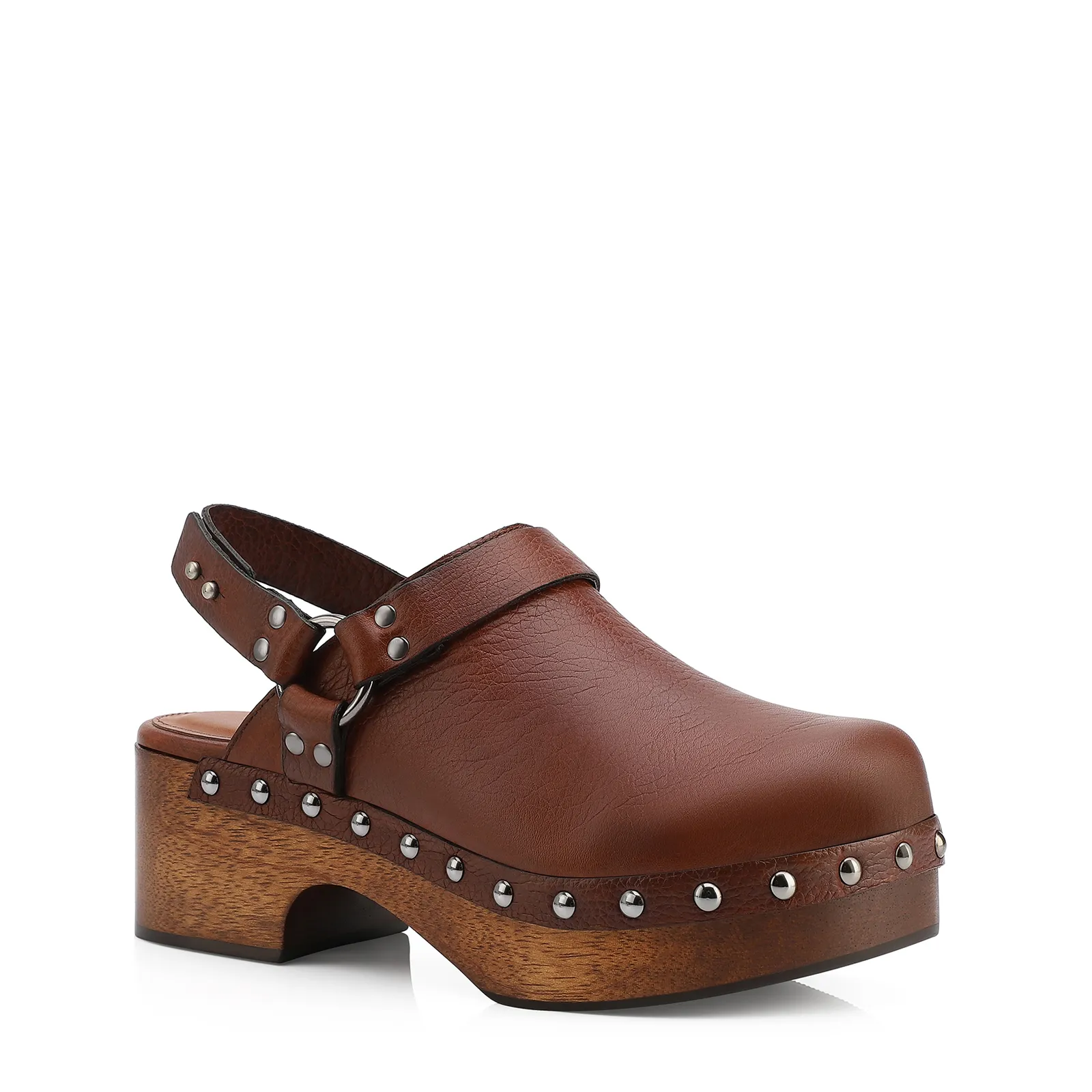 Mule Clog Couro Estonado Marrom