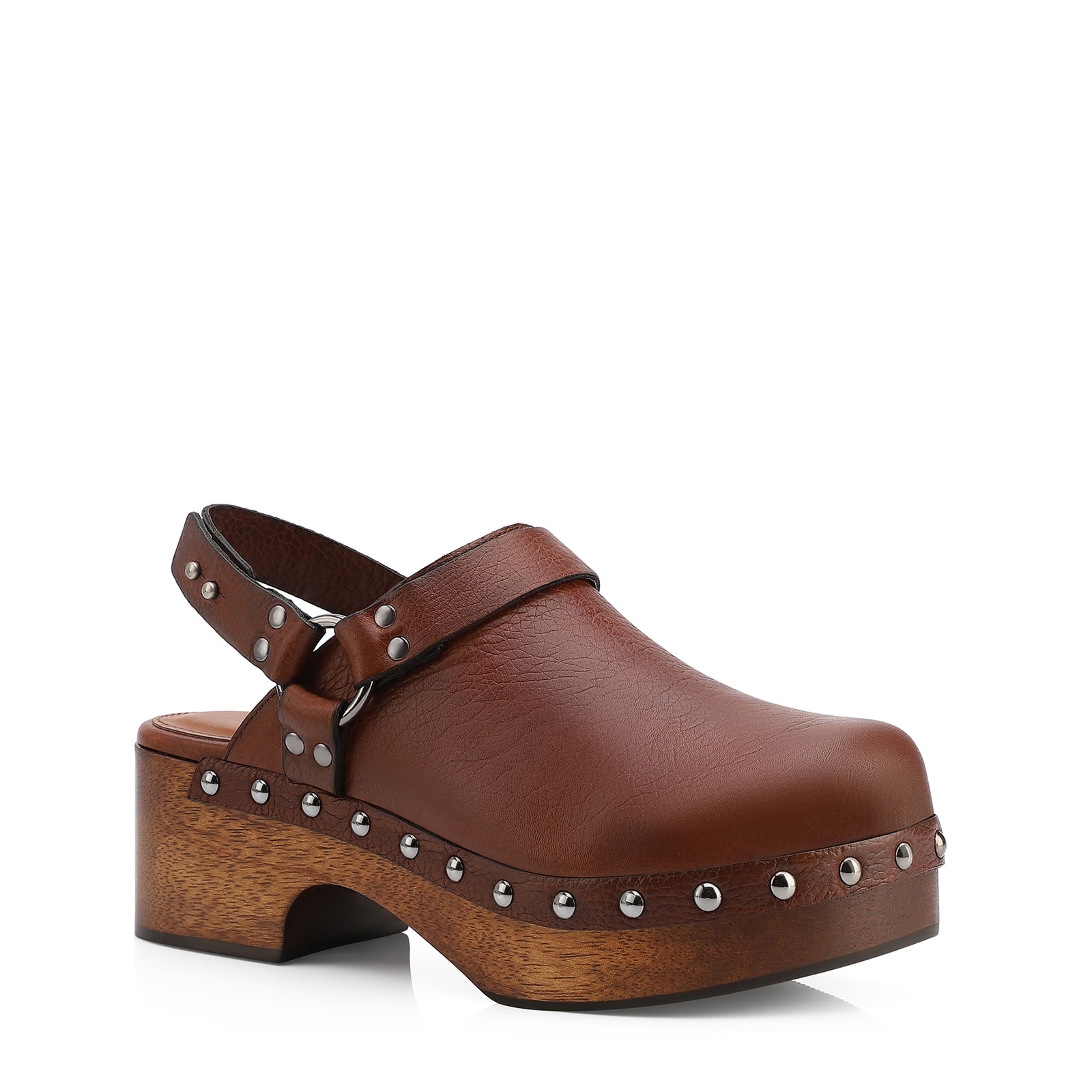 Mule Clog Couro Estonado Marrom