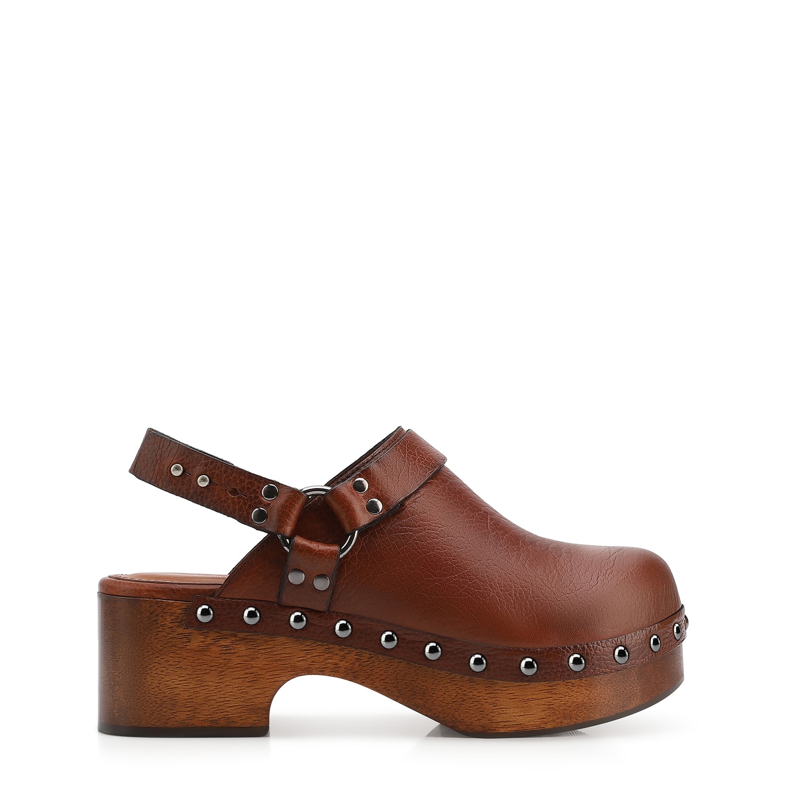 Mule Clog Couro Estonado Marrom