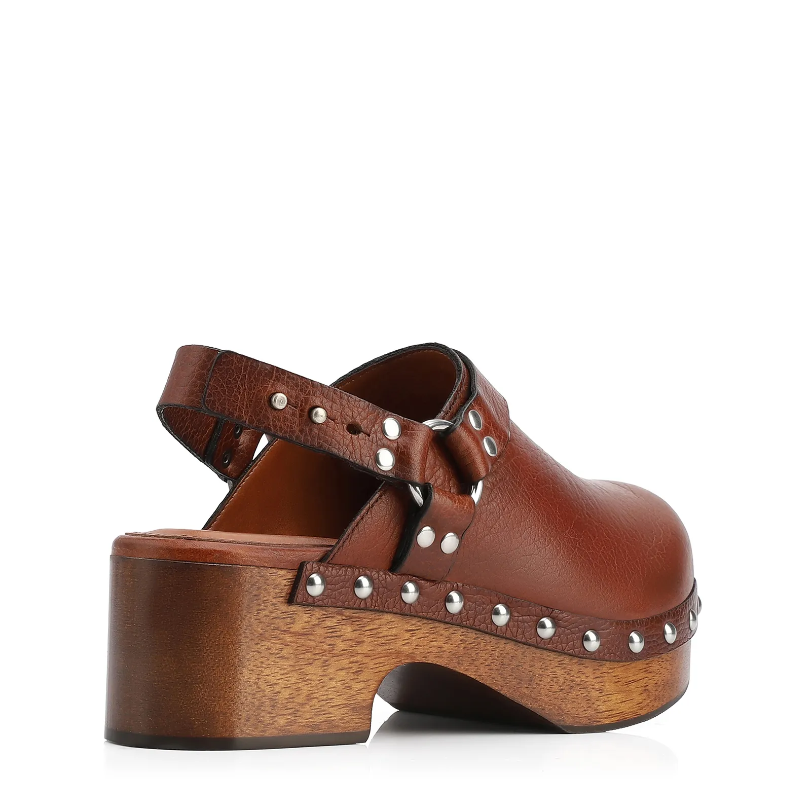 Mule Clog Couro Estonado Marrom