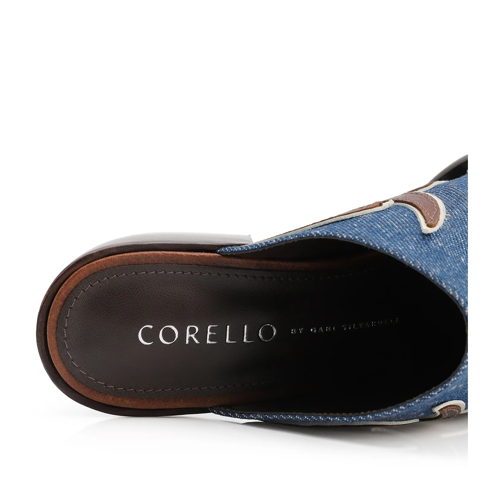 Mule Couro Estonado Marrom /Jeans