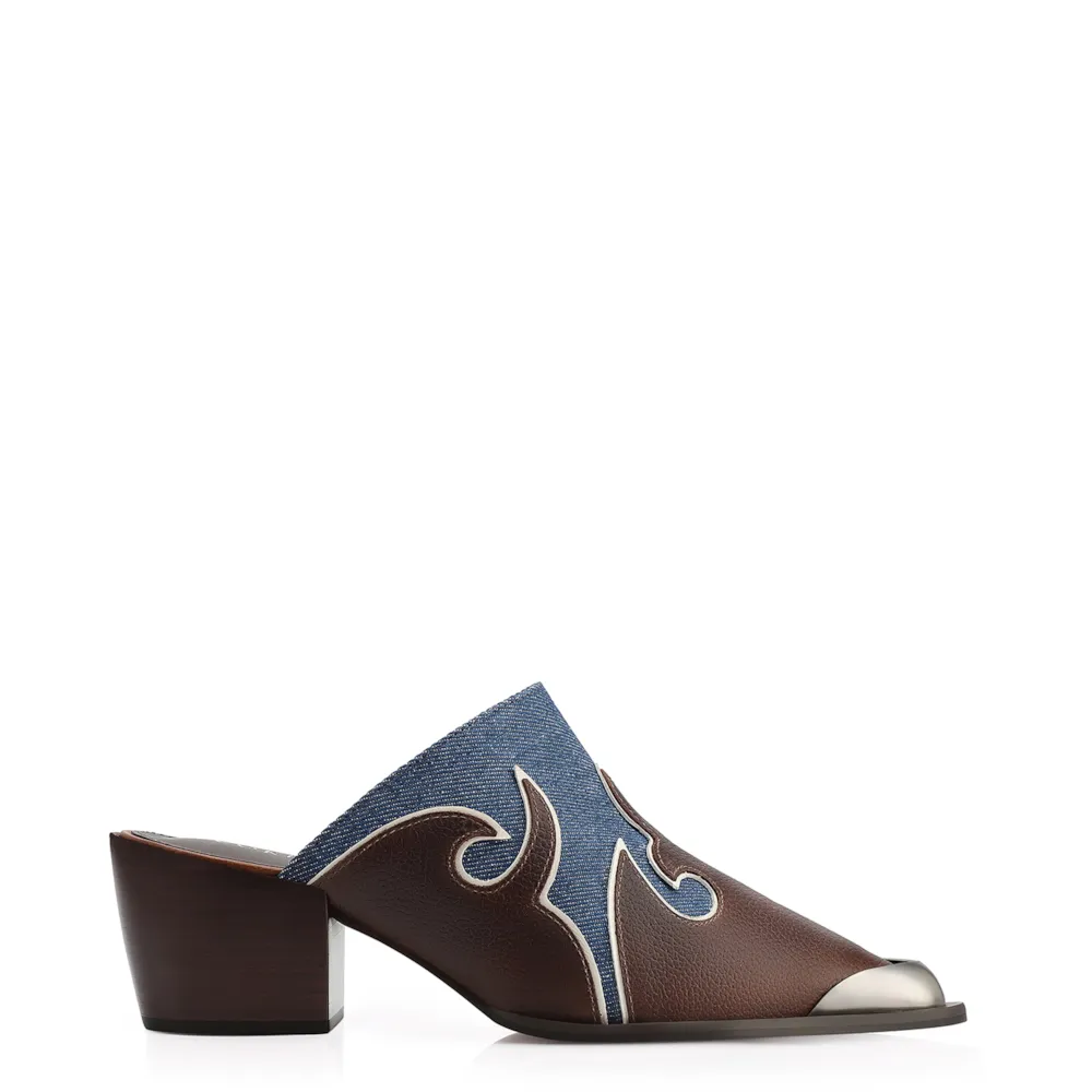 Mule Couro Estonado Marrom /Jeans - imagem 3