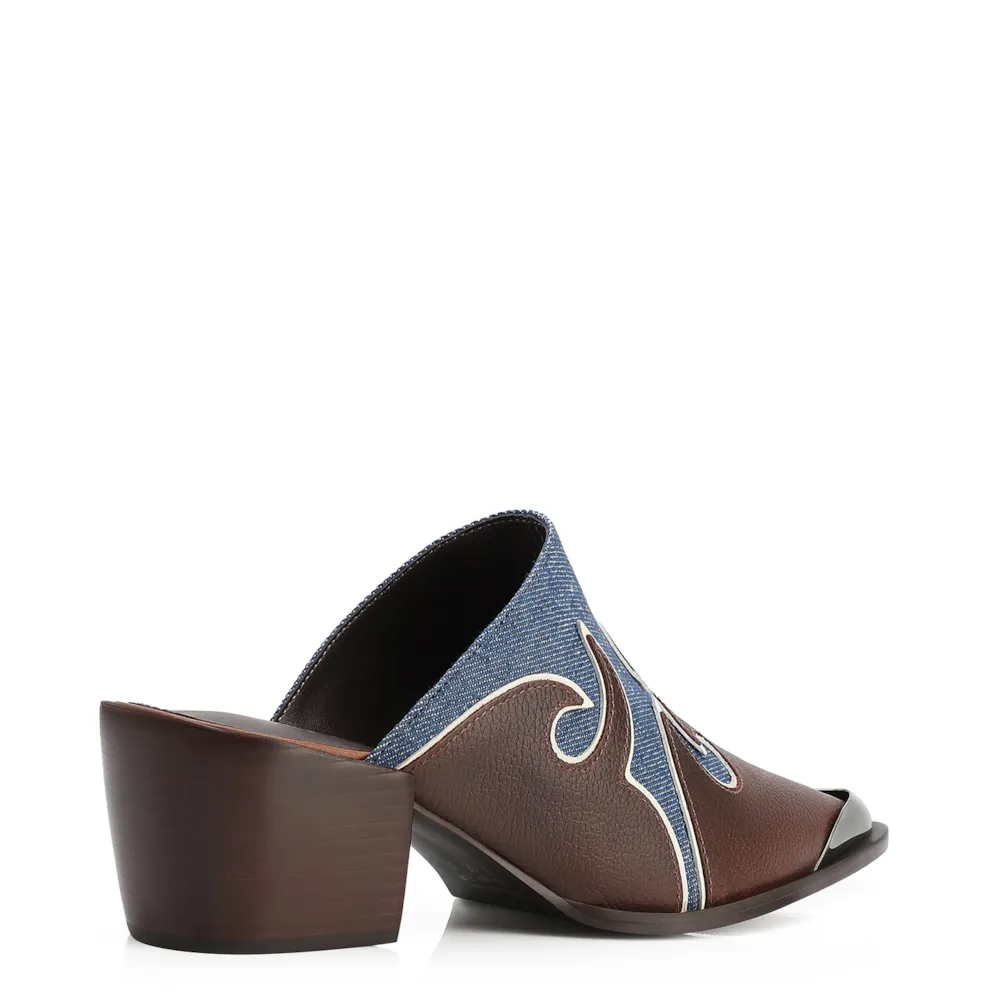 Mule Couro Estonado Marrom /Jeans - imagem 4