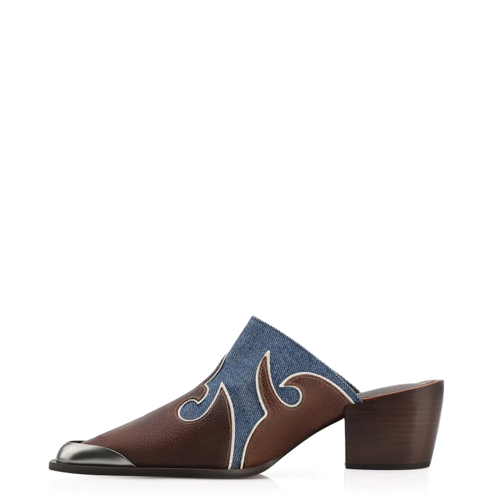 Mule Couro Estonado Marrom /Jeans - imagem 5