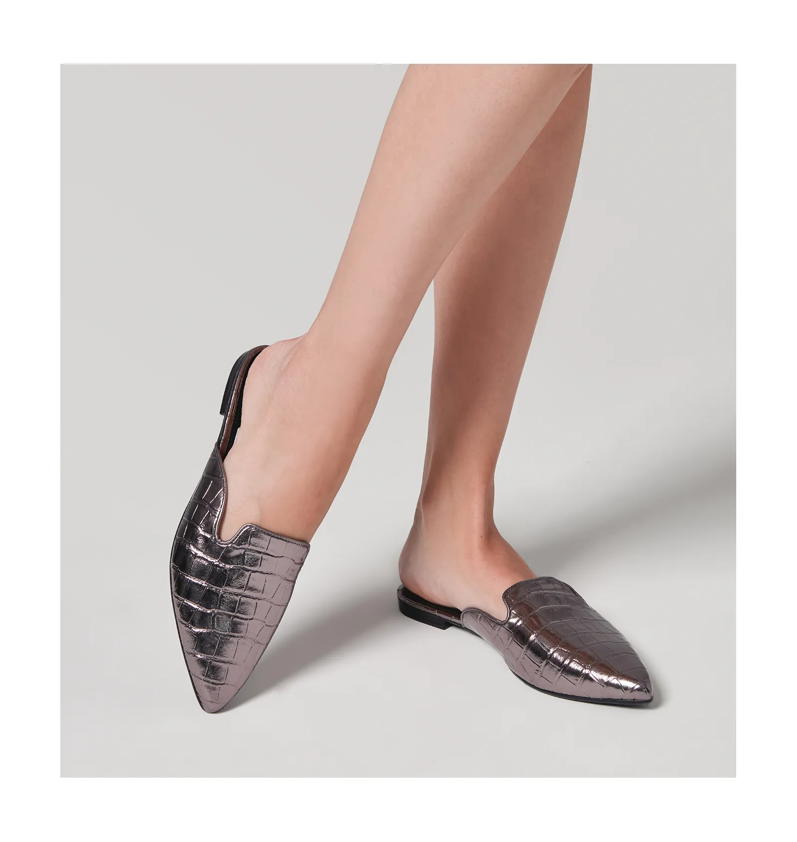 Mule Croco Metalizado Prata