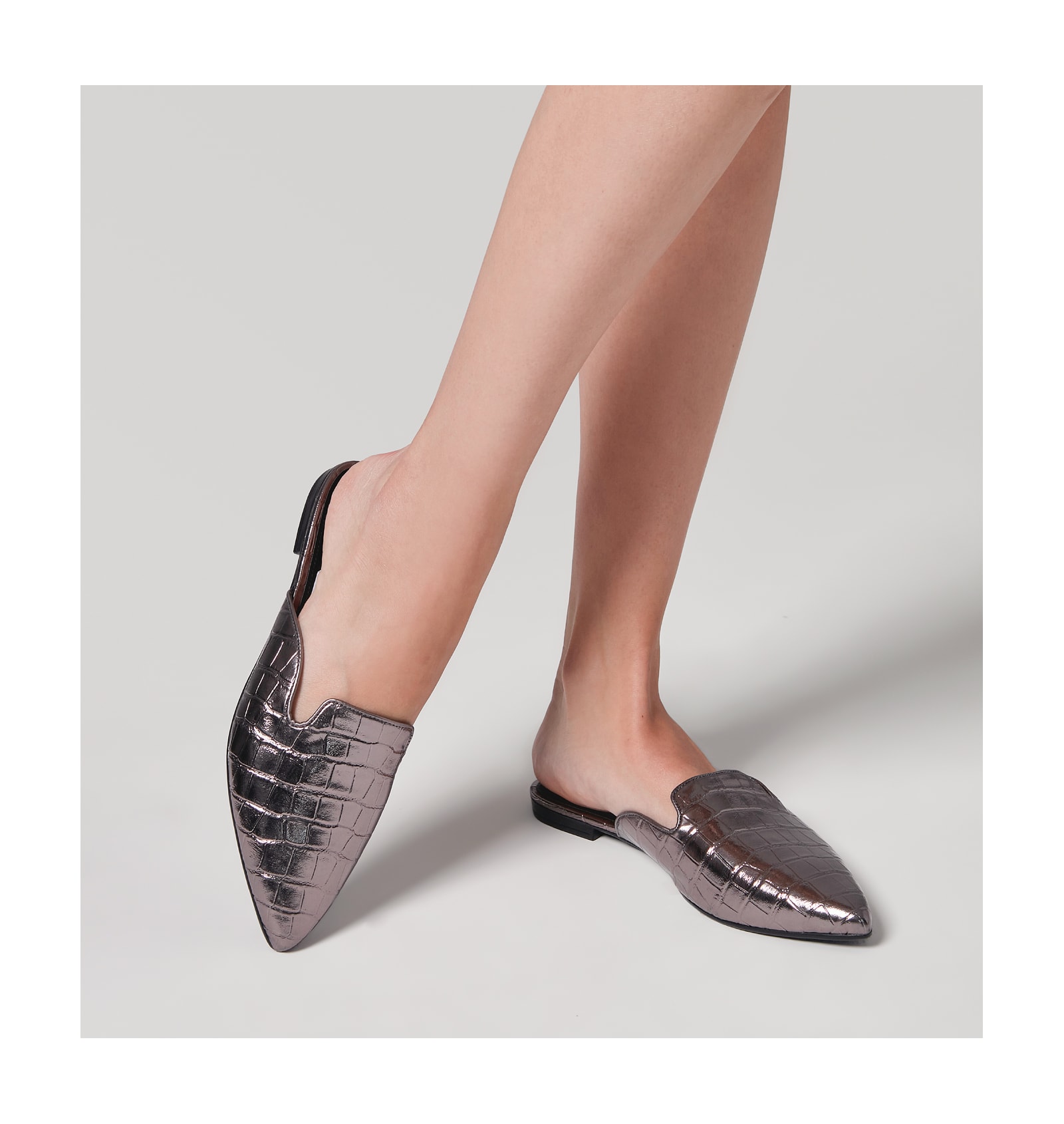 Mule Croco Metalizado Prata