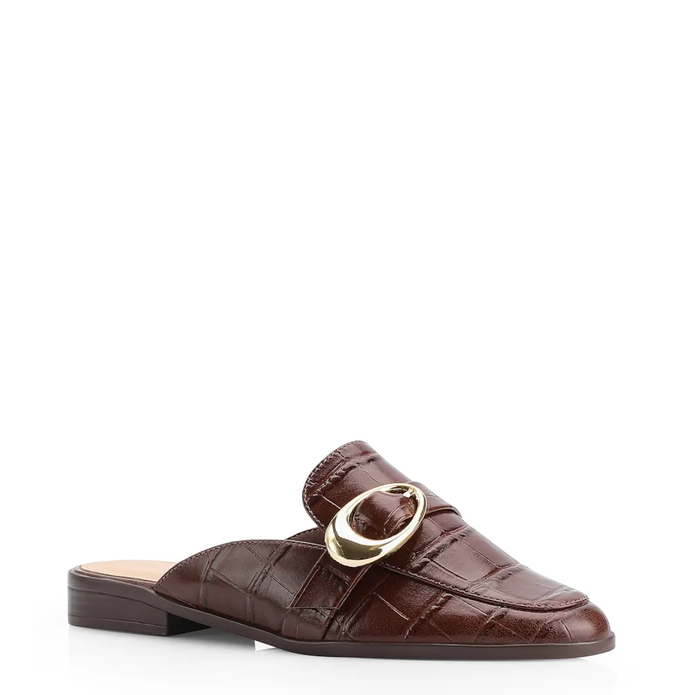 Mule Fivela Couro Croco Marrom