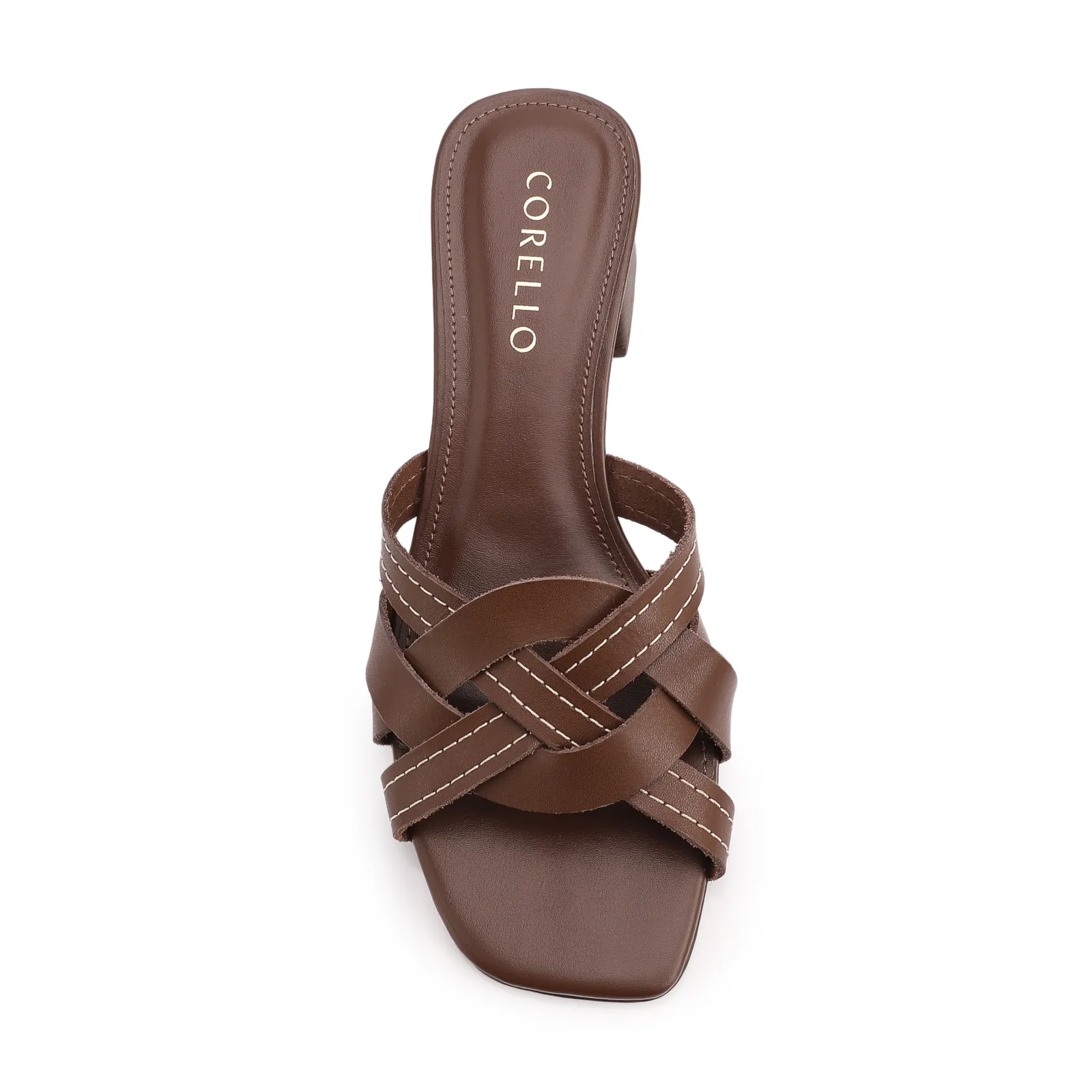 Mule Marrom Escuro Salto Bloco Baixo Tiras Cruzadas
