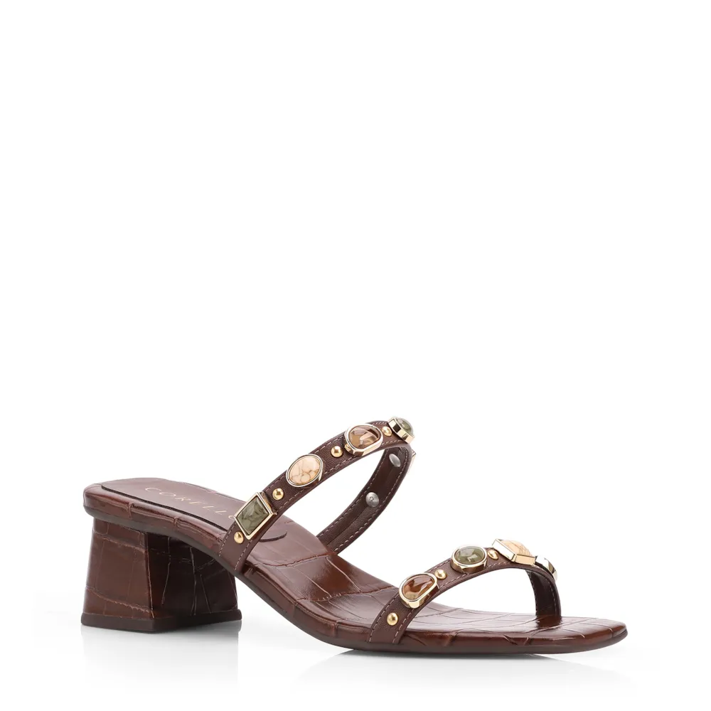 Mule Marrom Salto Bloco Baixo Alt Croco Pedras