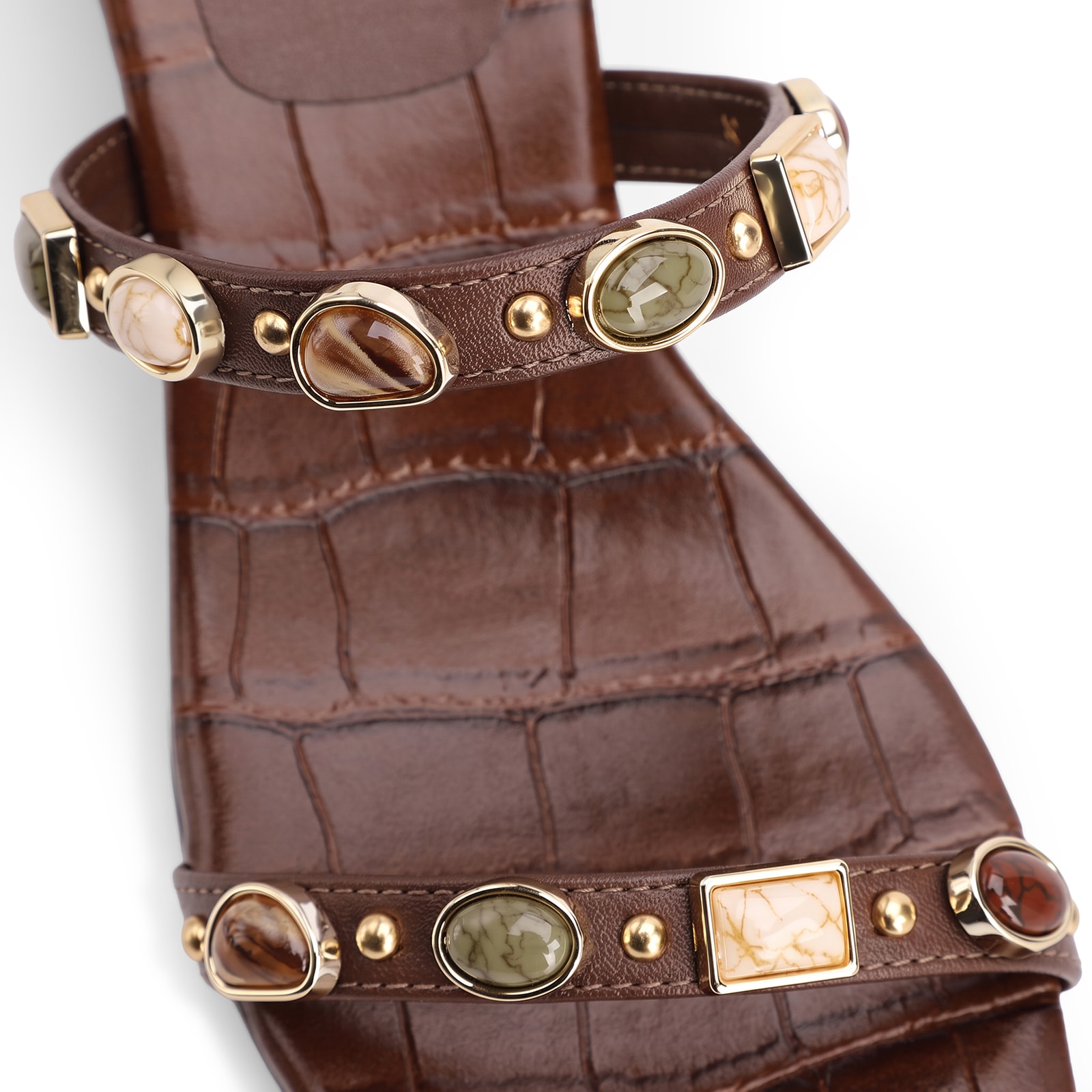 Mule Marrom Salto Bloco Baixo Alt Croco Pedras