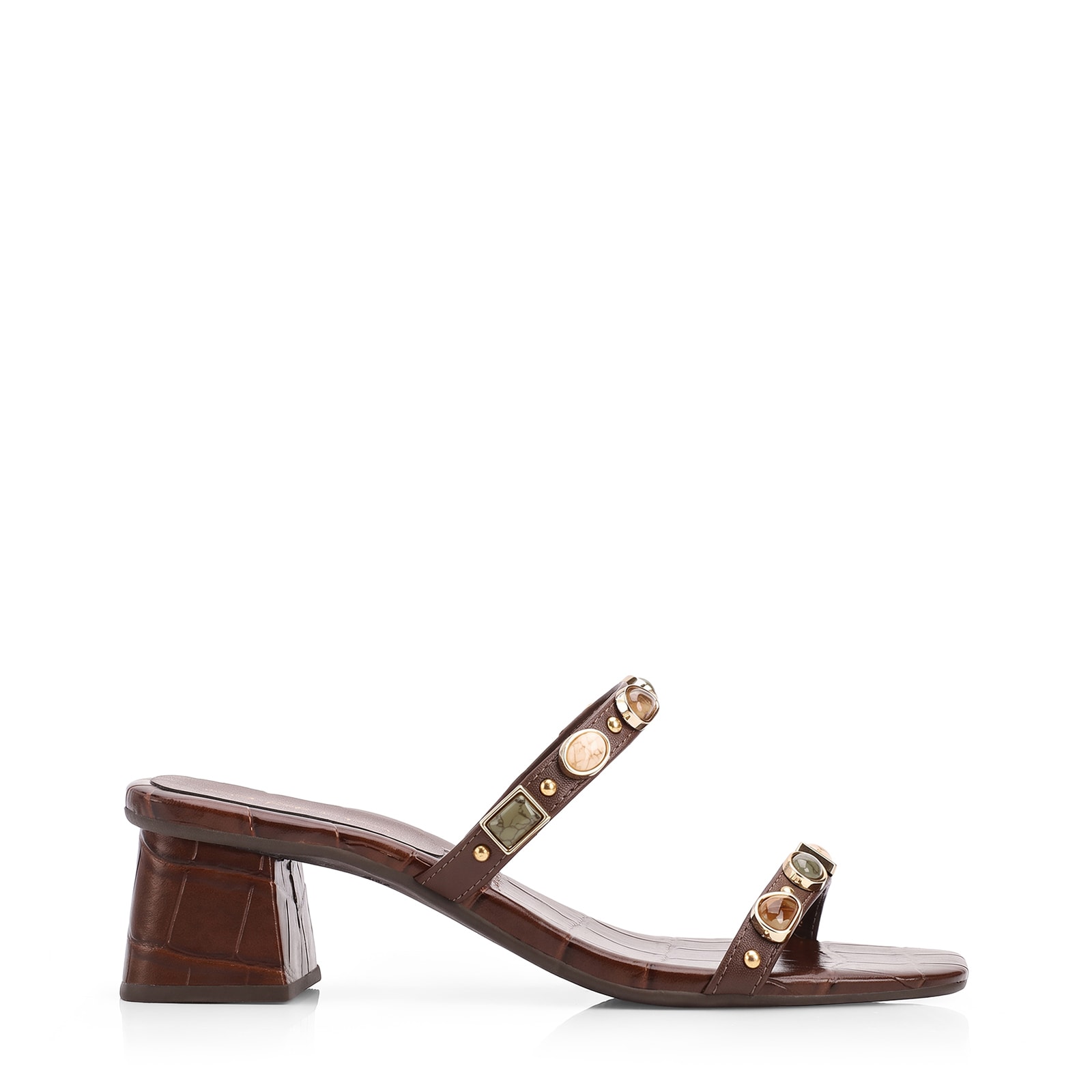 Mule Marrom Salto Bloco Baixo Alt Croco Pedras