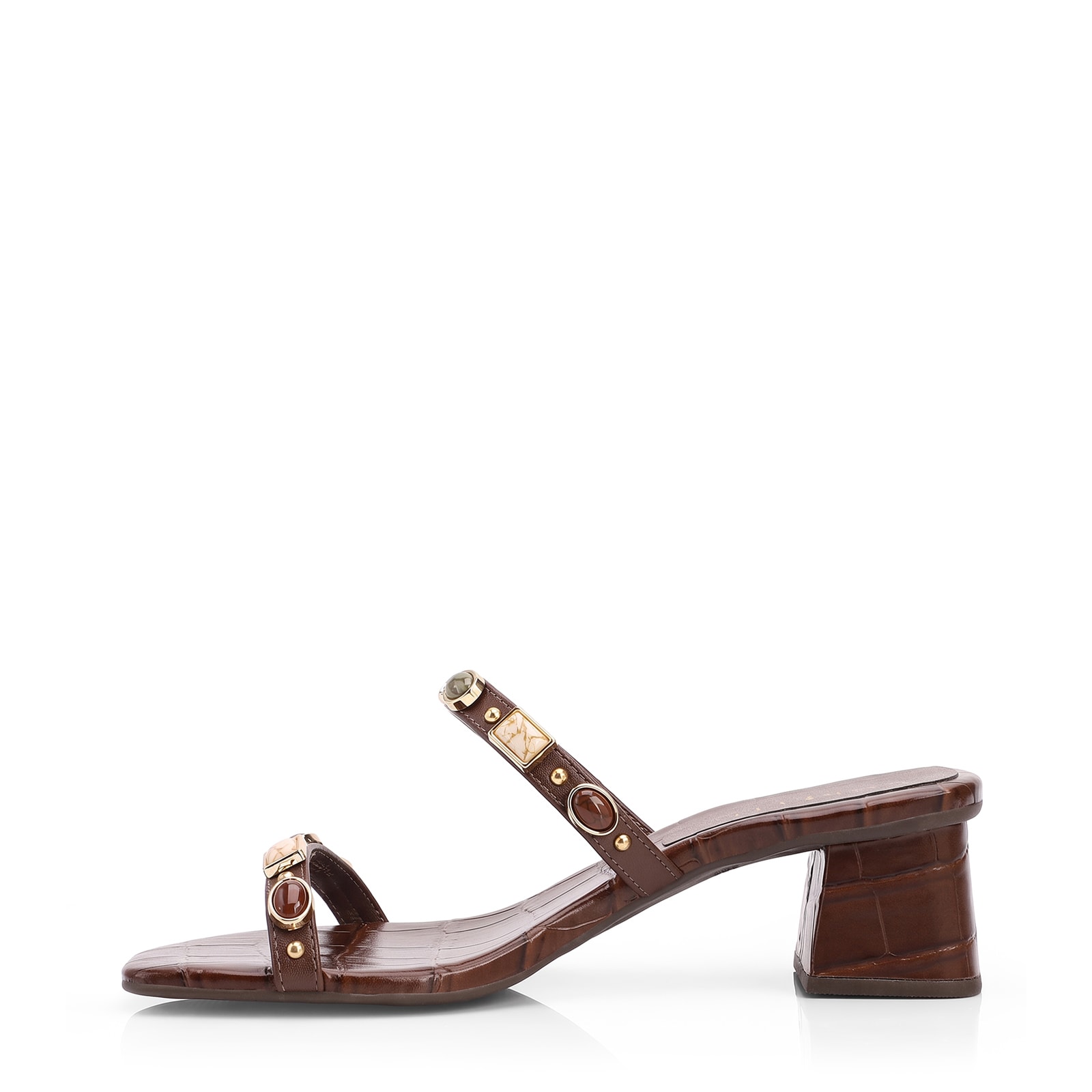Mule Marrom Salto Bloco Baixo Alt Croco Pedras