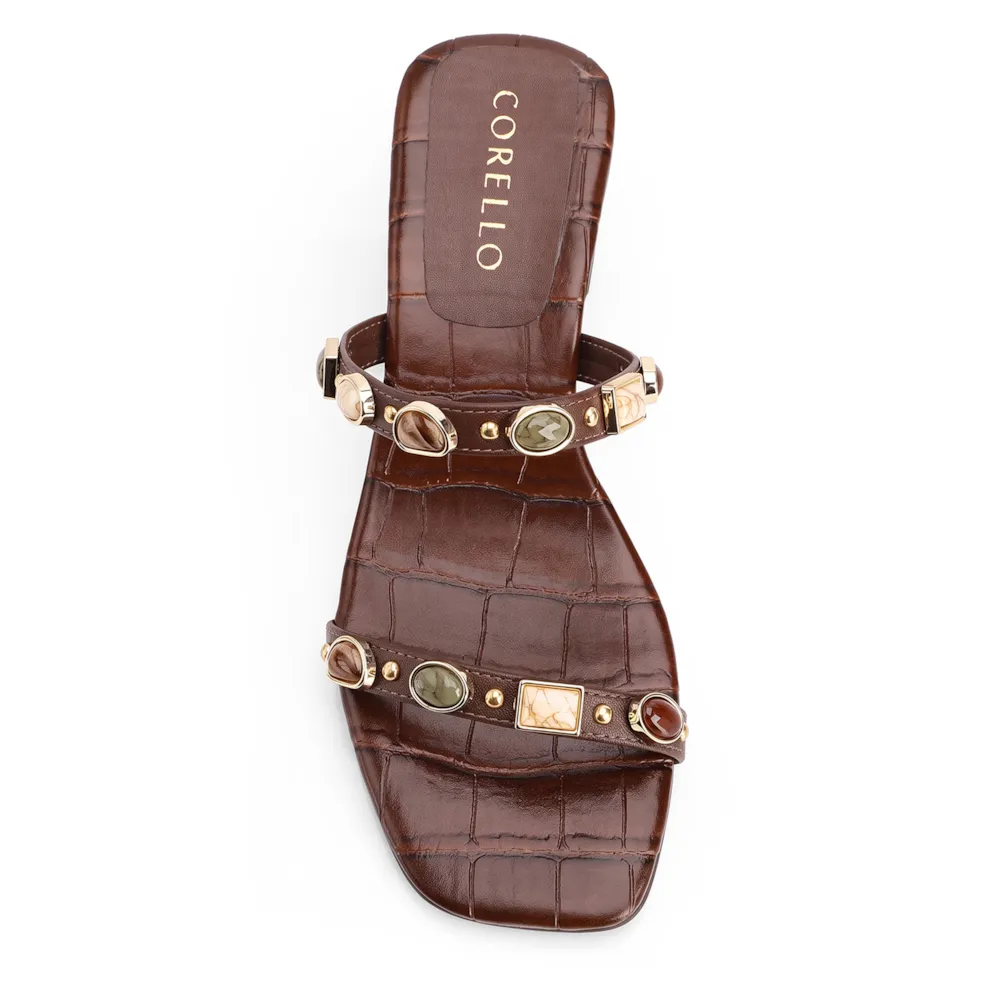 Mule Marrom Salto Bloco Baixo Alt Croco Pedras - imagem 5