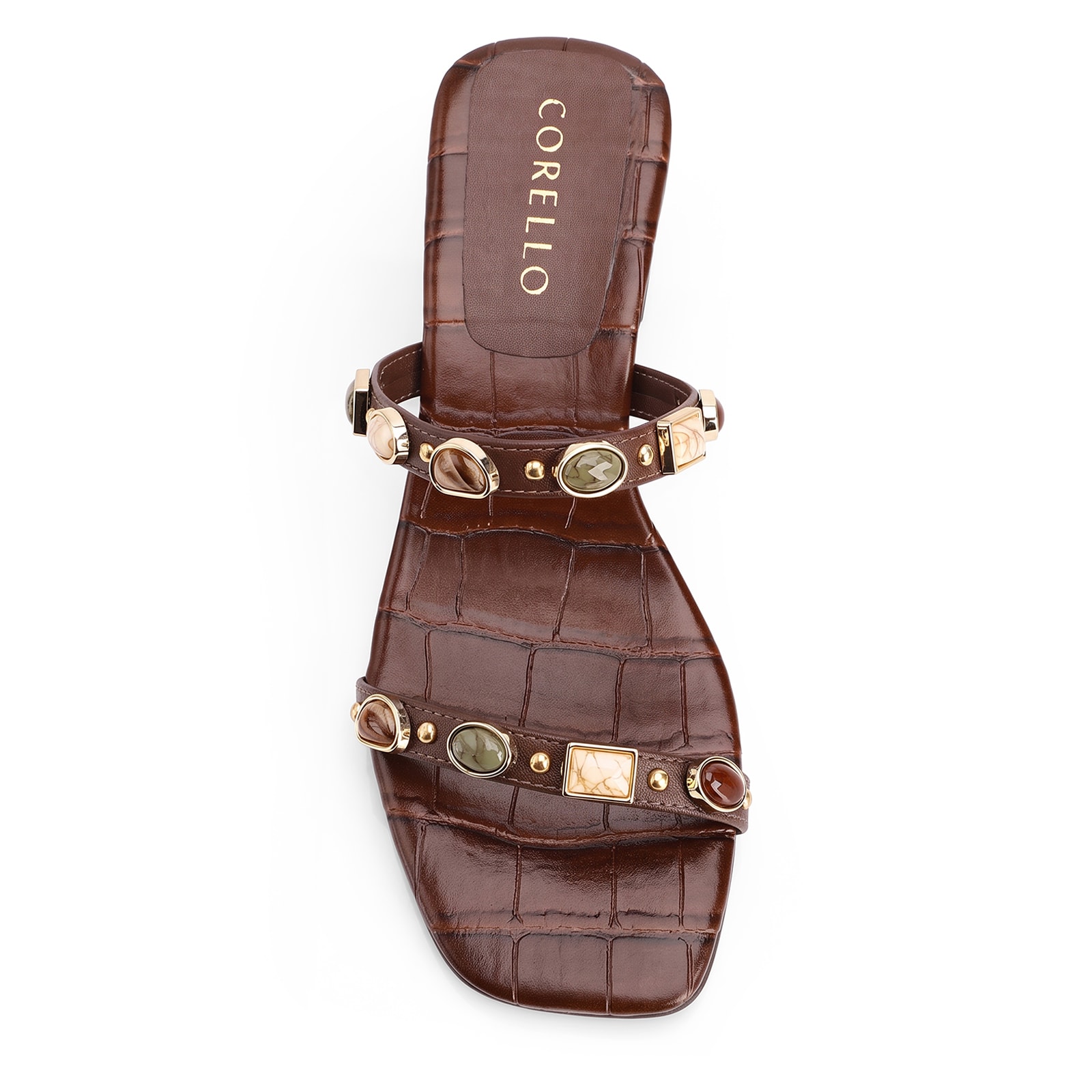 Mule Marrom Salto Bloco Baixo Alt Croco Pedras