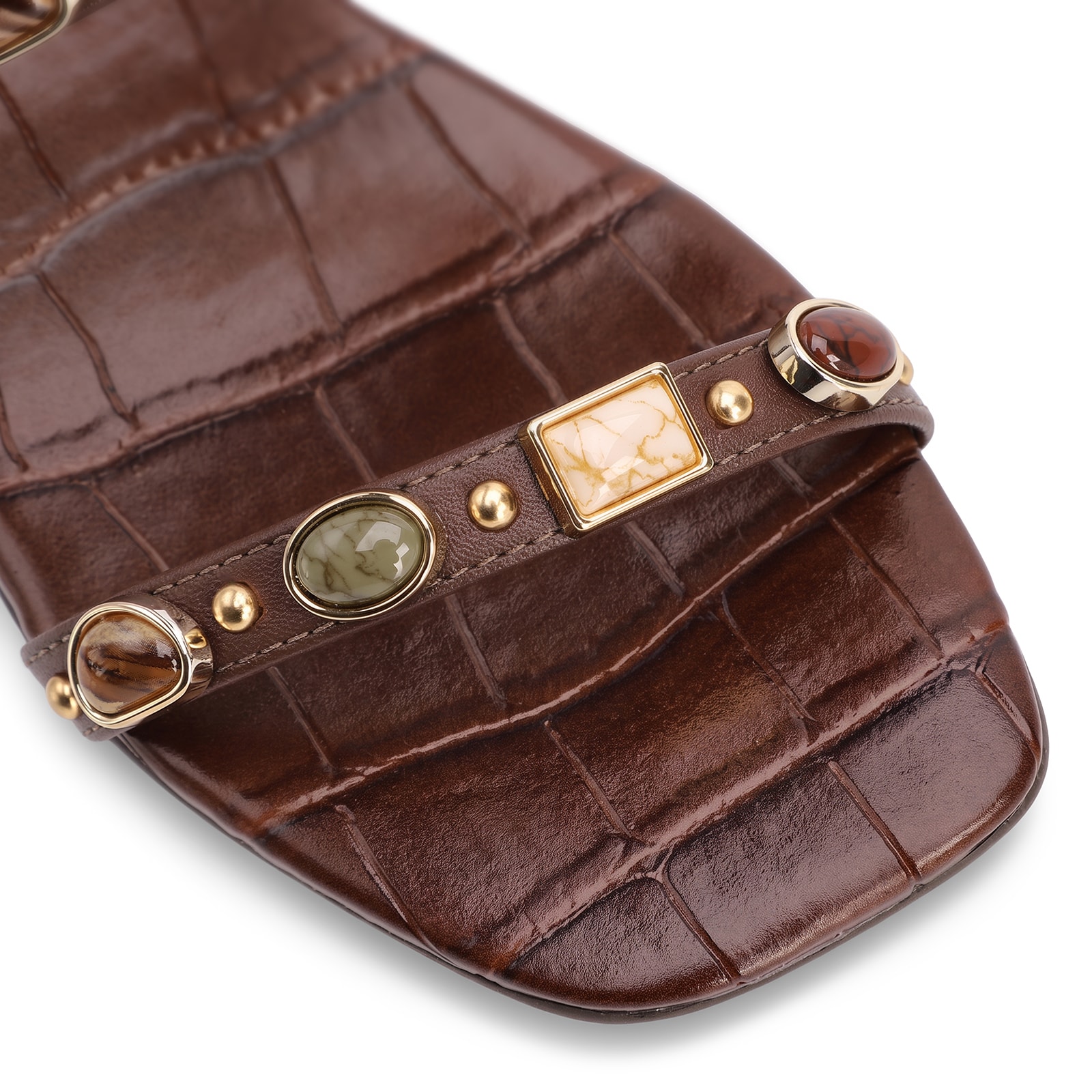 Mule Marrom Salto Bloco Baixo Alt Croco Pedras