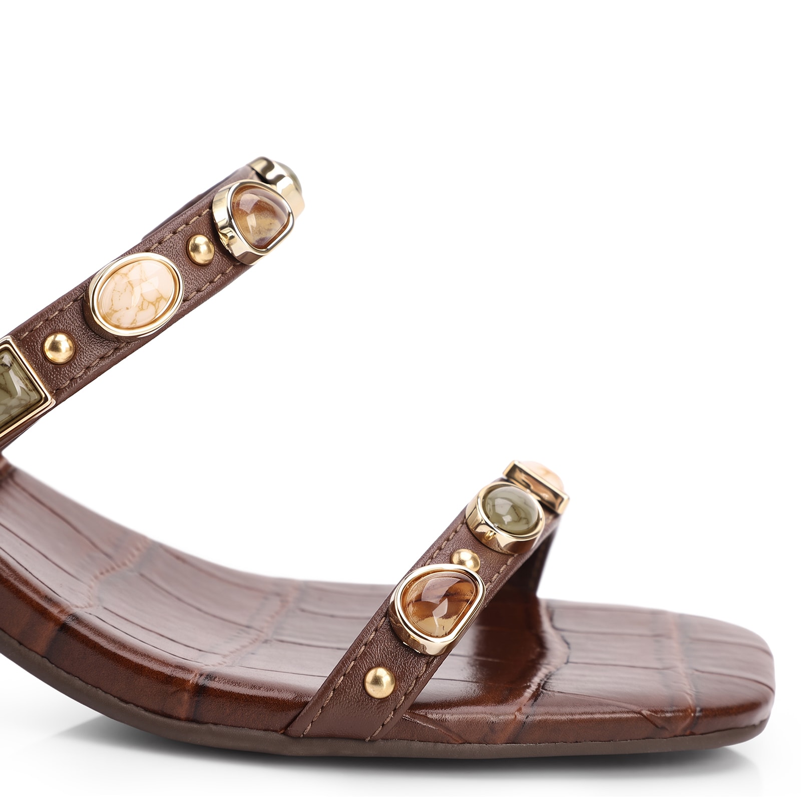 Mule Marrom Salto Bloco Baixo Alt Croco Pedras