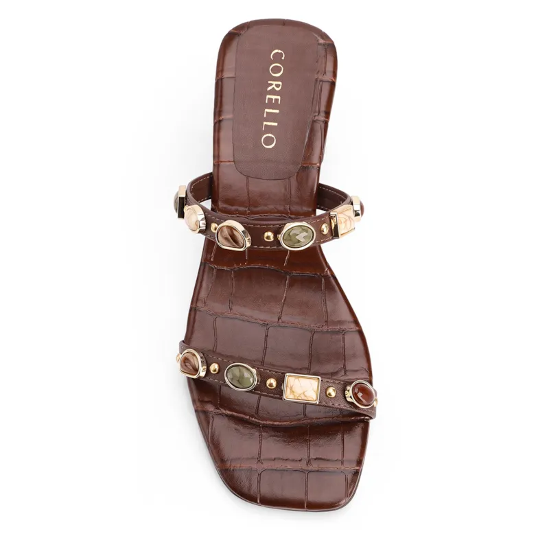 Mule Marrom Salto Bloco Baixo Alt Croco Pedras - foto 6