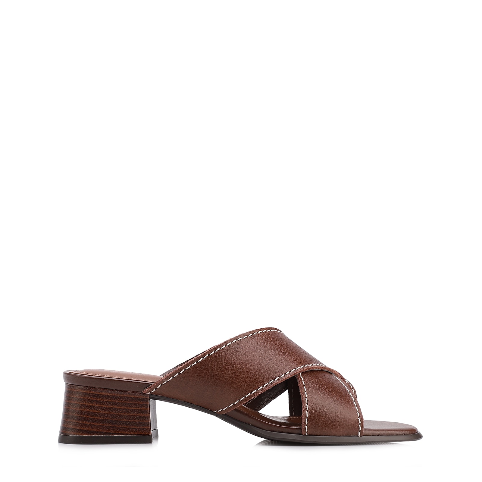 Mule Marrom Salto Bloco Baixo Couro Antique Tiras Cruzadas