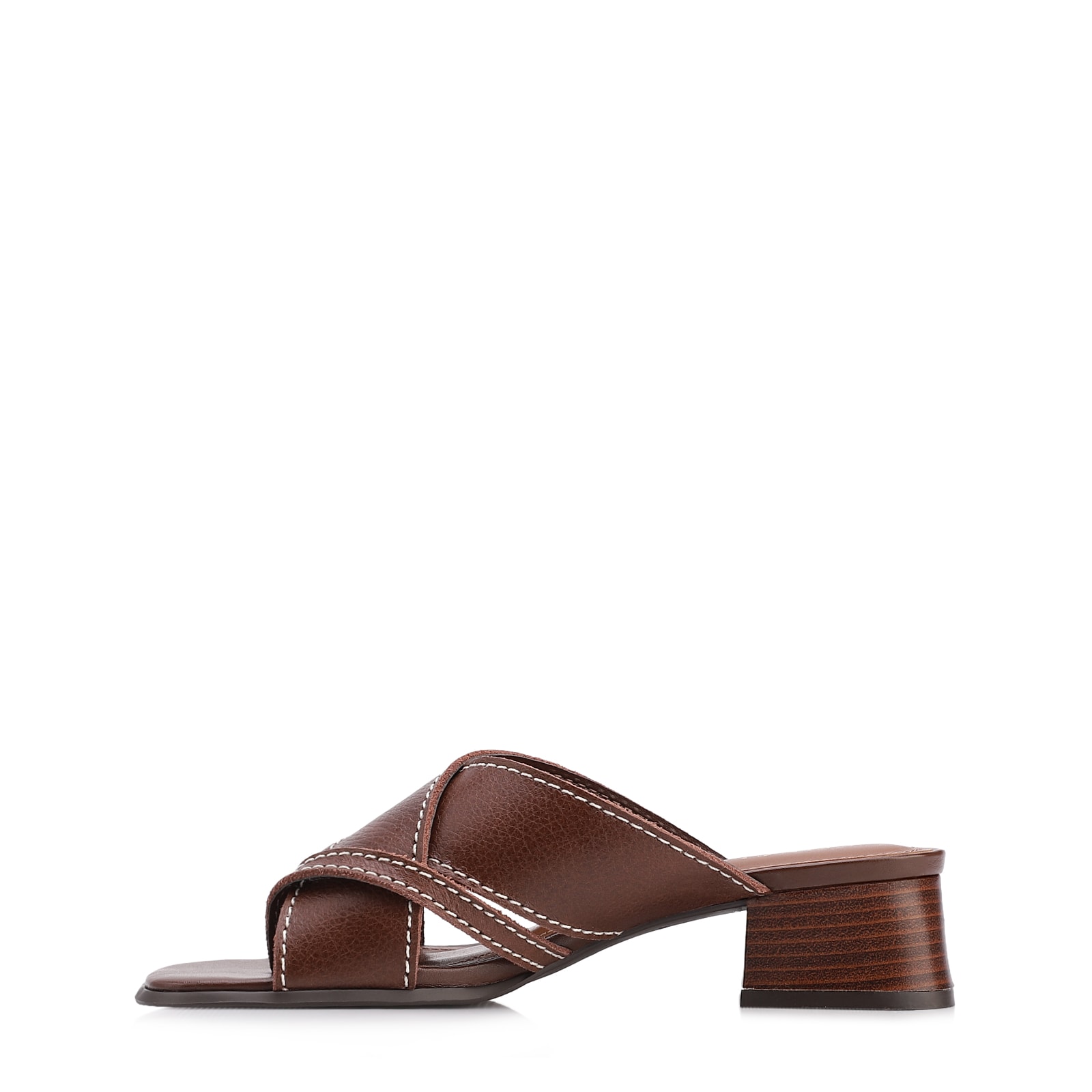 Mule Marrom Salto Bloco Baixo Couro Antique Tiras Cruzadas
