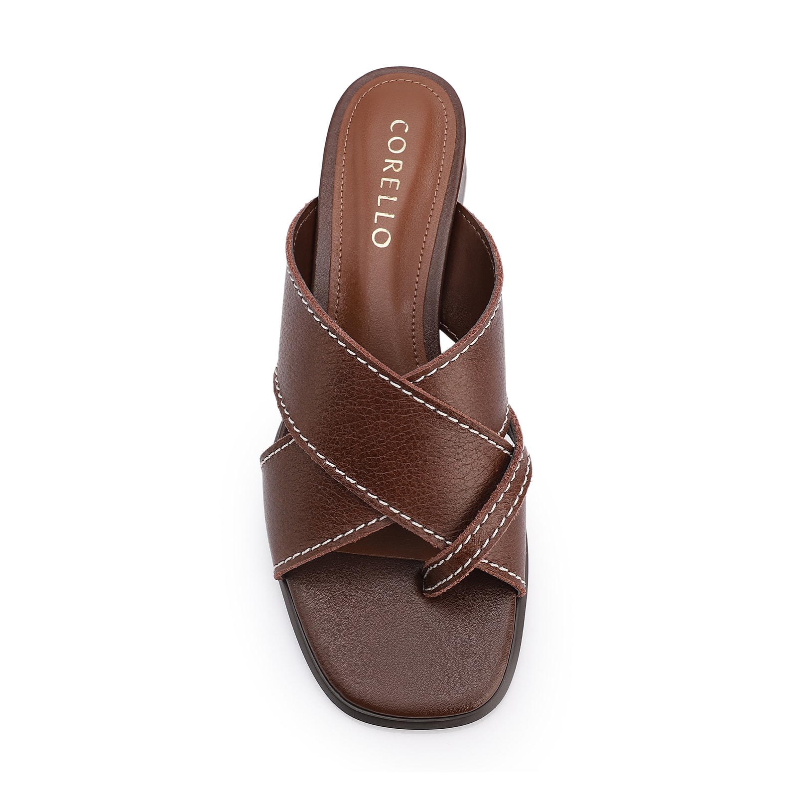 Mule Marrom Salto Bloco Baixo Couro Antique Tiras Cruzadas