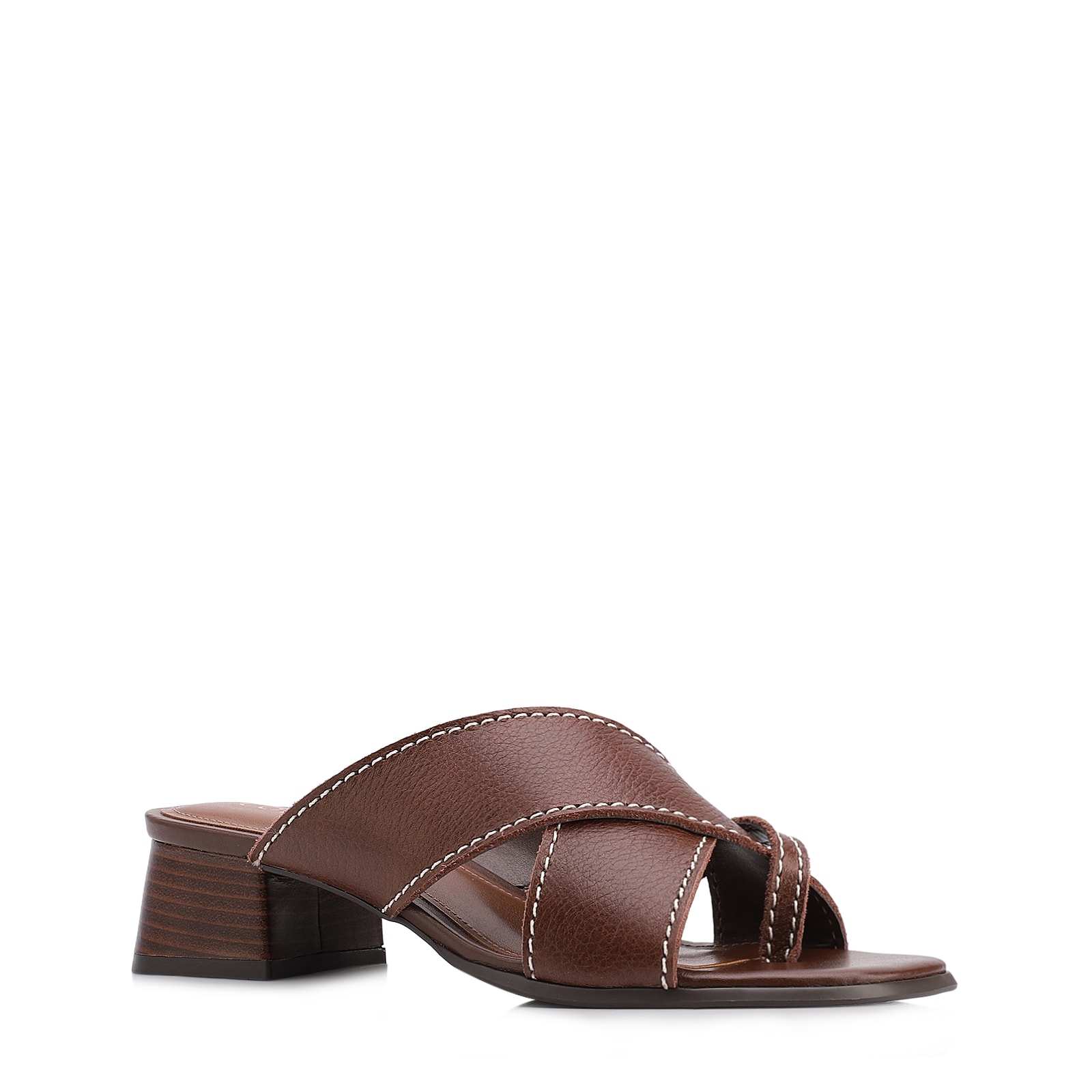 Mule Marrom Salto Bloco Baixo Couro Antique Tiras Cruzadas