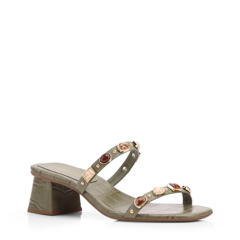 Mule Verde Salto Bloco Baixo Alt Croco Pedras