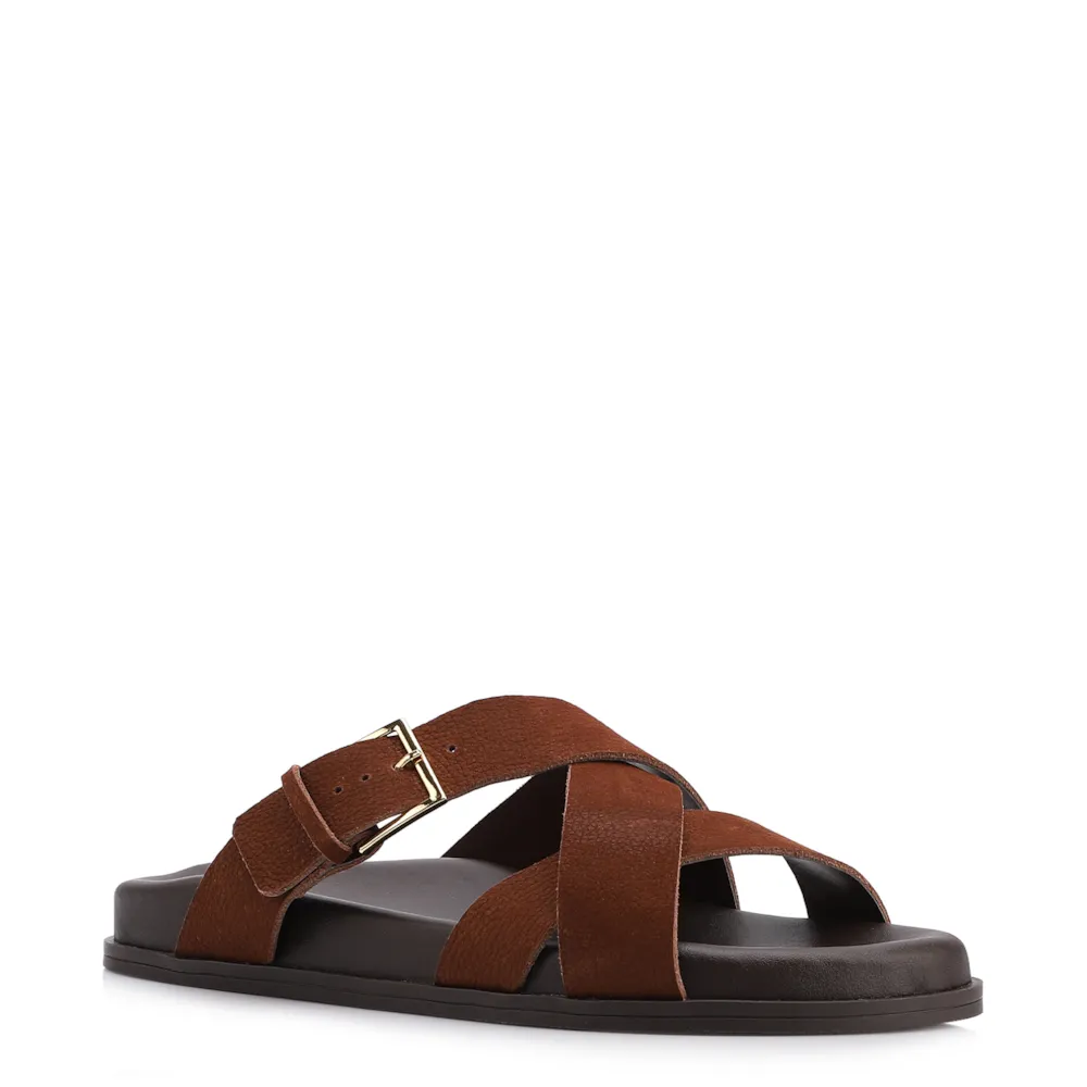 Papete Marrom Couro Nobuck Floater Fivela Dourada