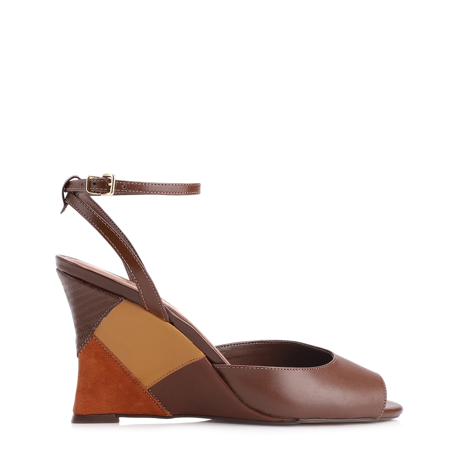 Peep Toe Anabela Couro Marrom