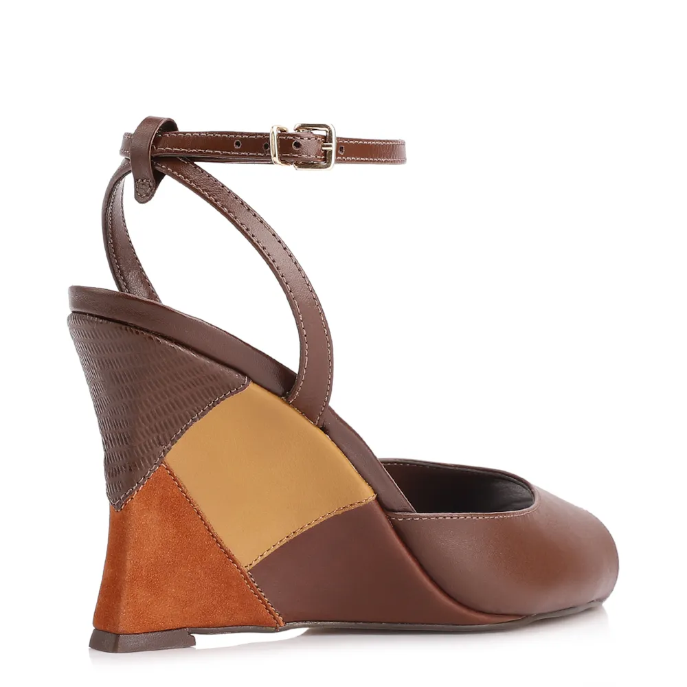 Peep Toe Anabela Couro Marrom - imagem 4