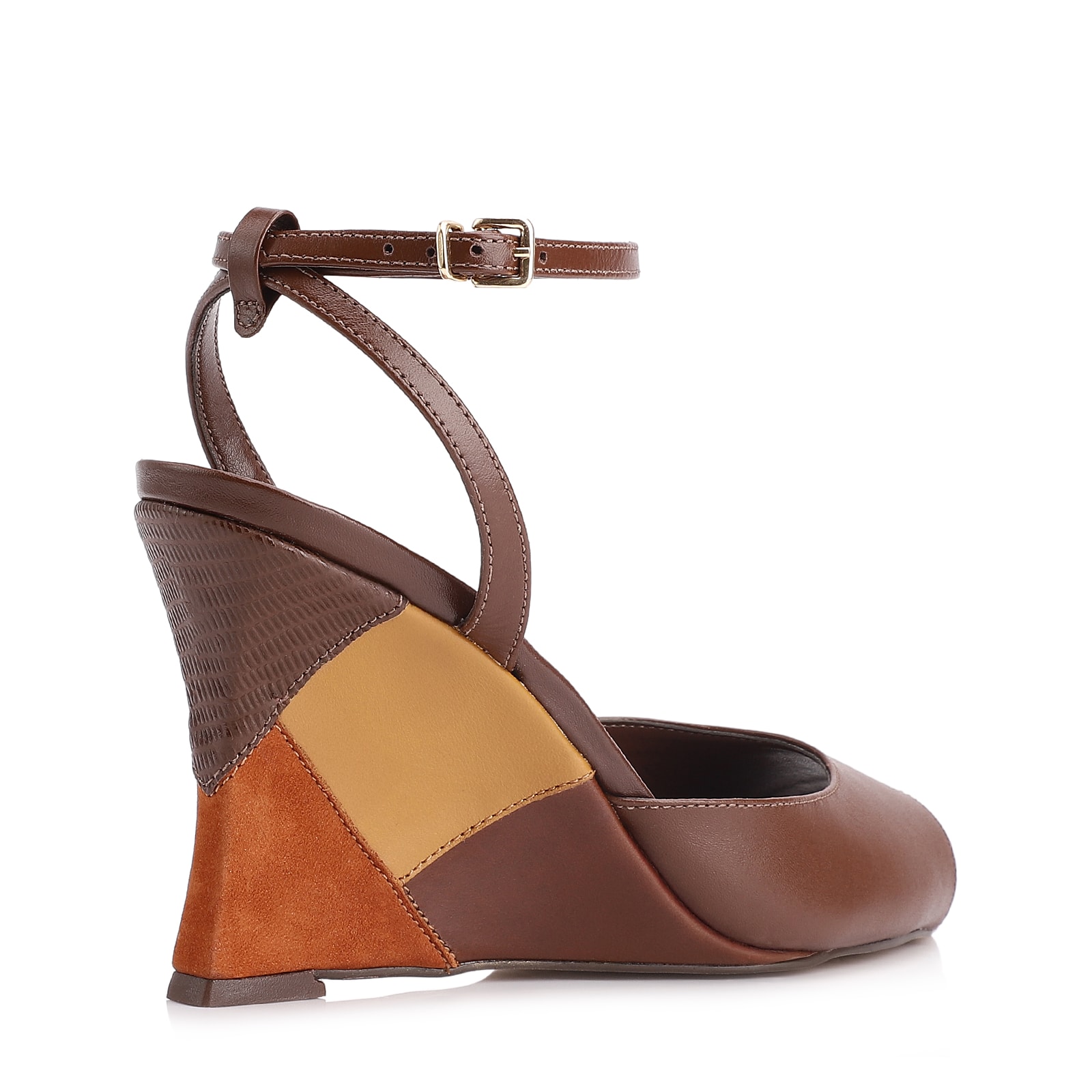 Peep Toe Anabela Couro Marrom
