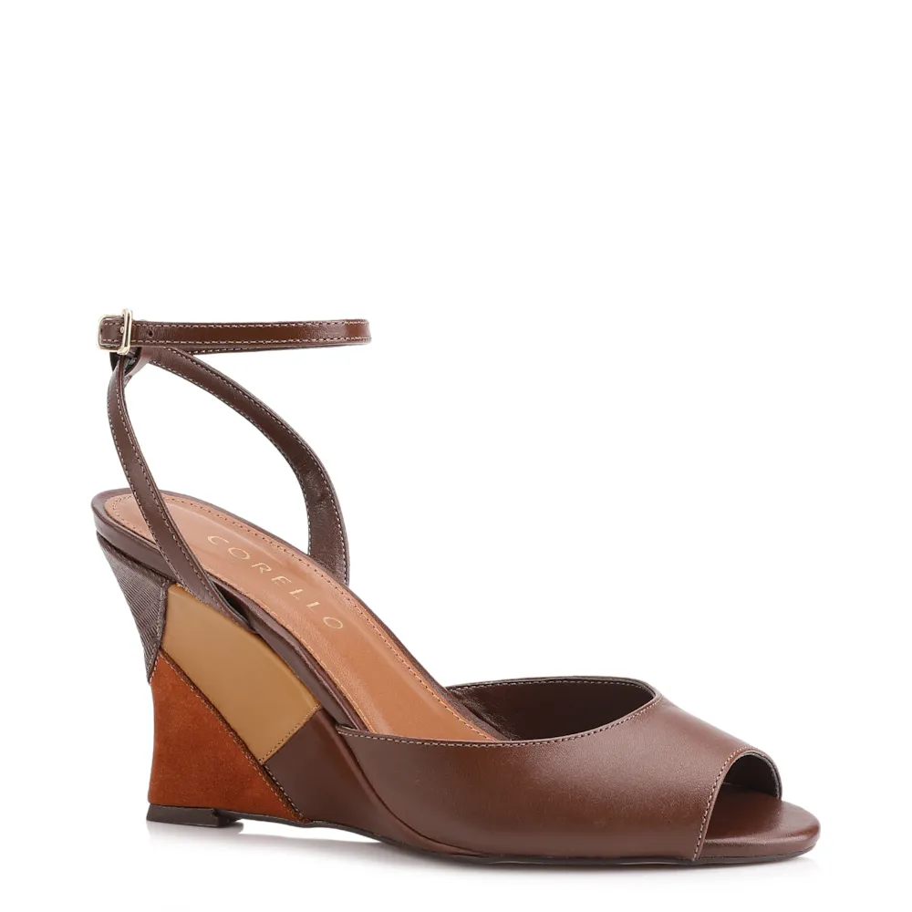Peep Toe Anabela Couro Marrom