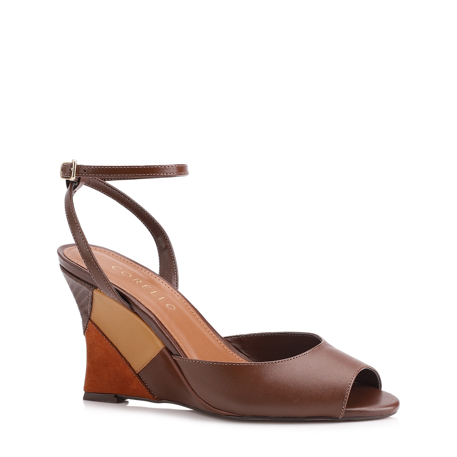 Peep Toe Anabela Couro Marrom