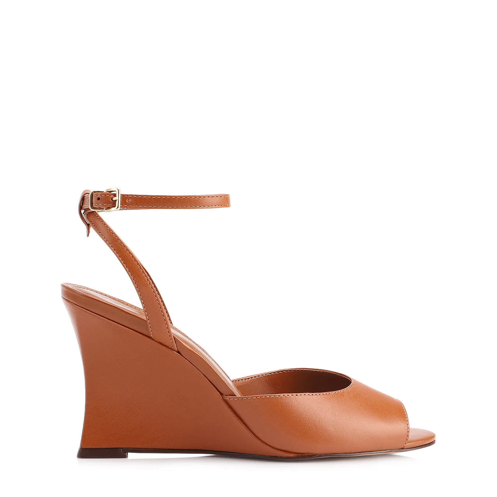 Peep Toe Anabela Couro Marrom Claro