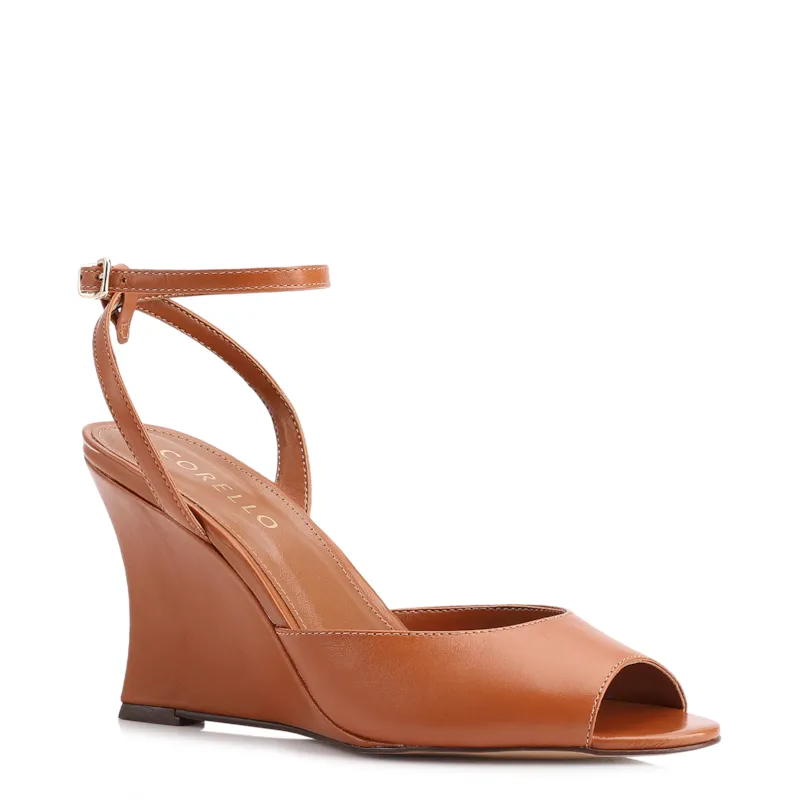 Peep Toe Anabela Couro Marrom Claro