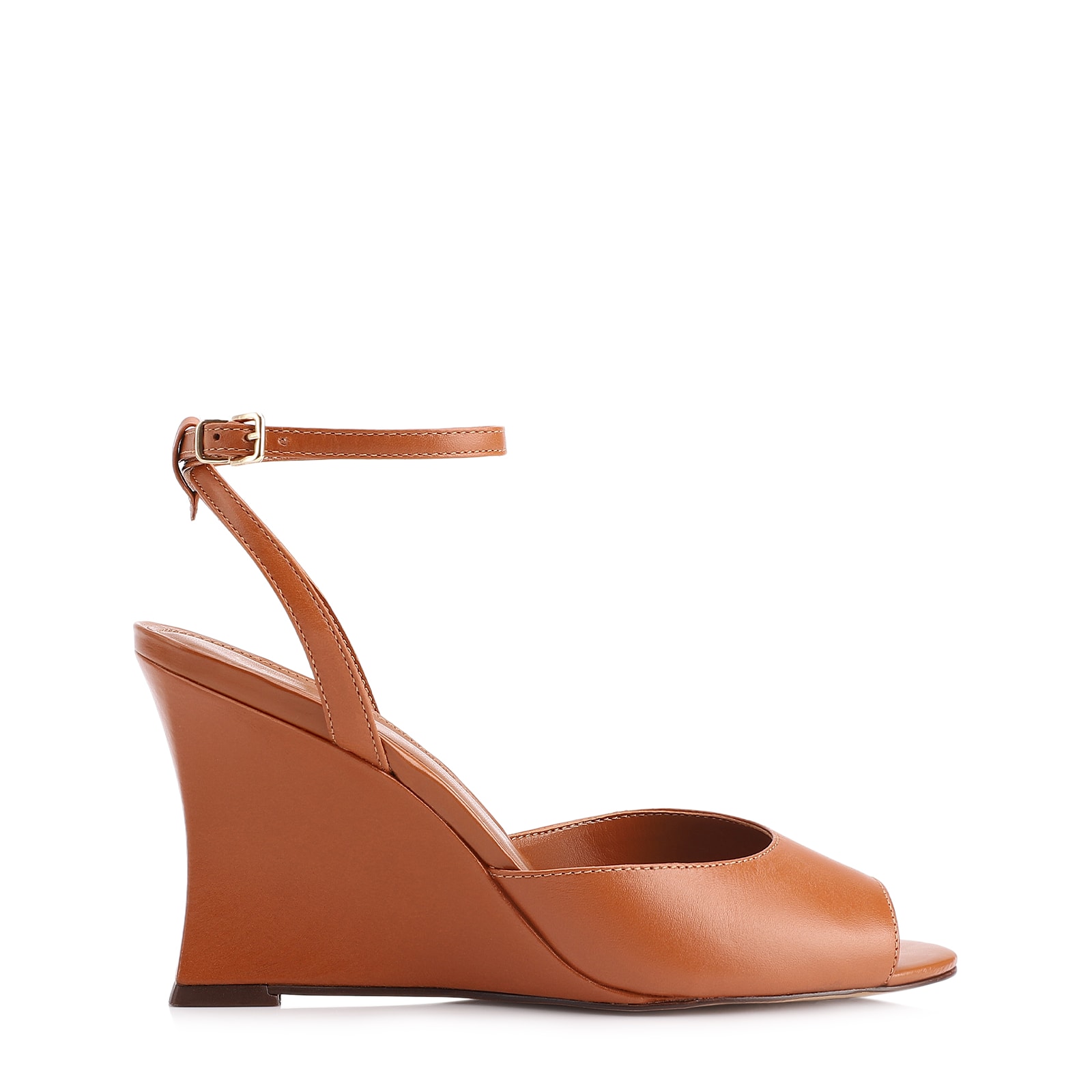 Peep Toe Anabela Couro Marrom Claro