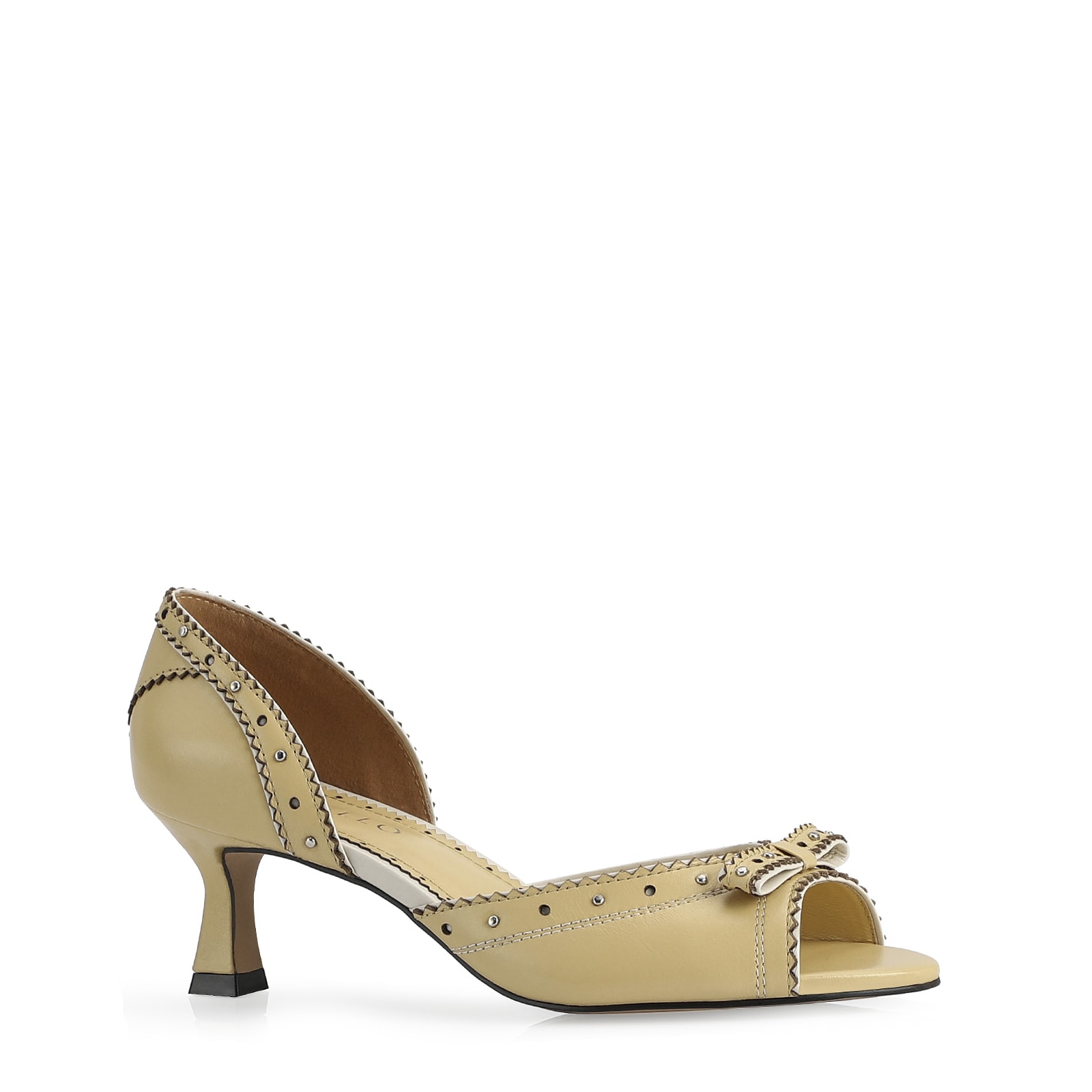 Peep Toe Couro Amarelo/Off White