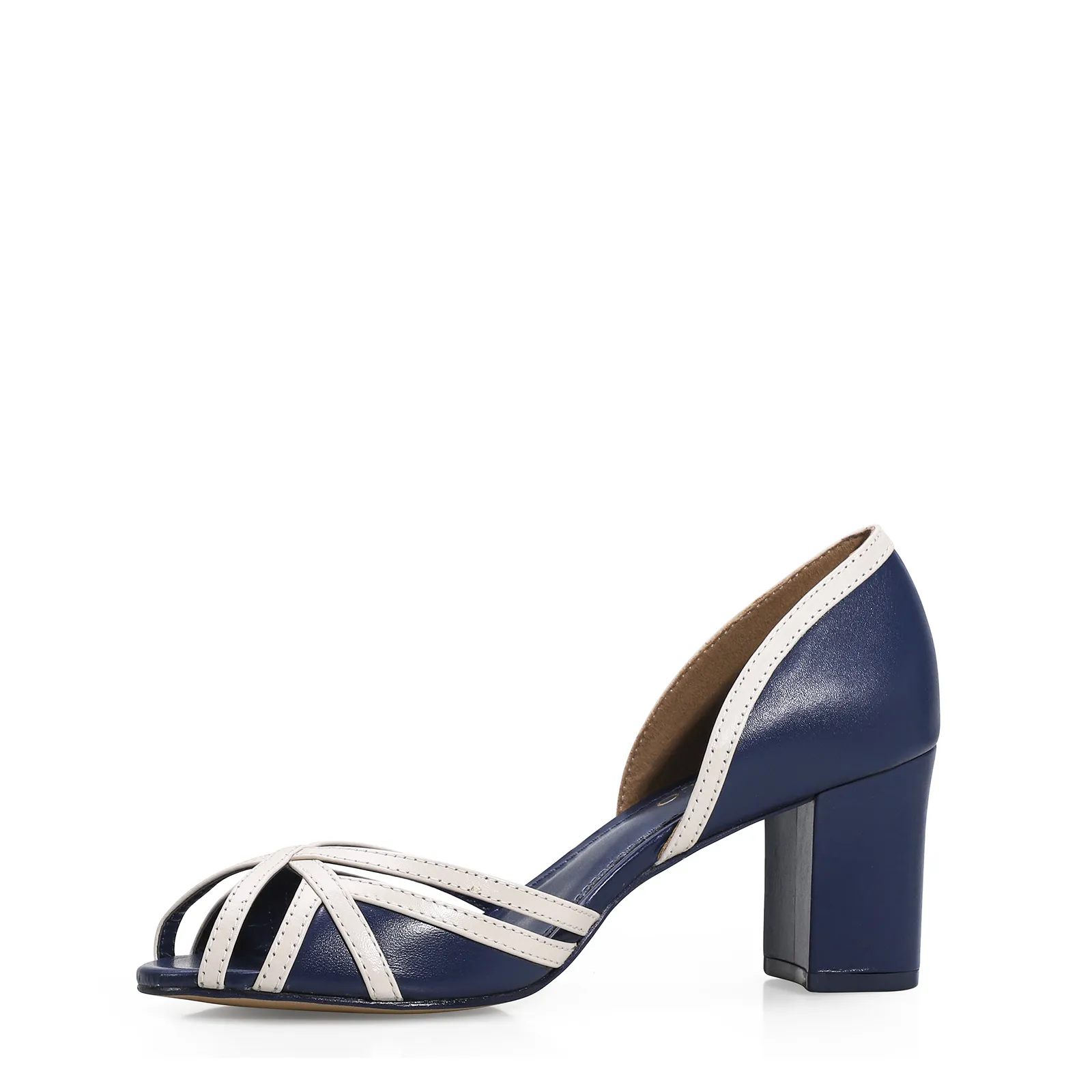 Peep Toe Couro Azul/Off White