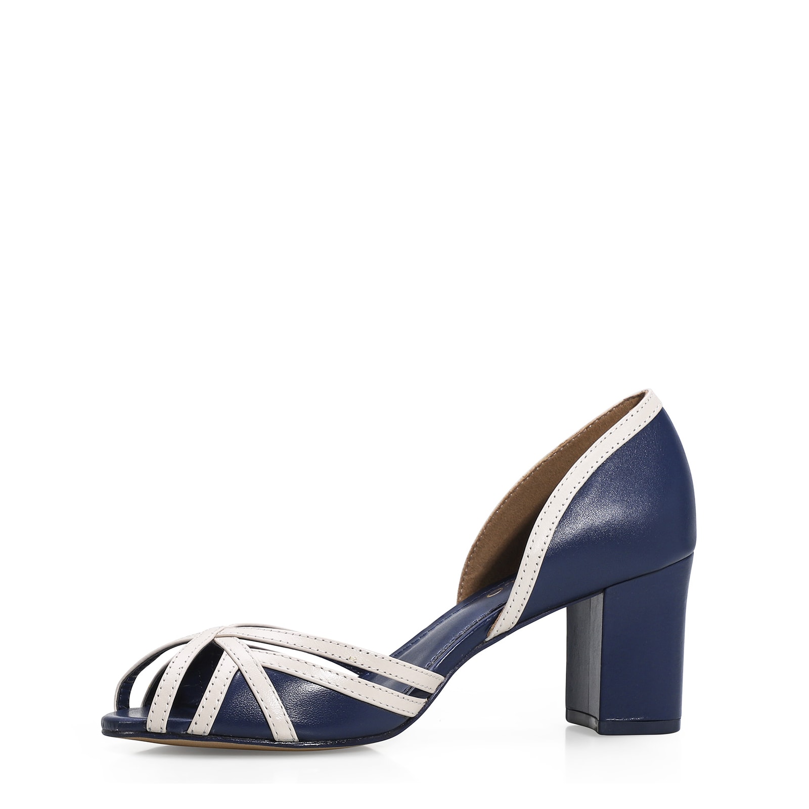 Peep Toe Couro Azul/Off White