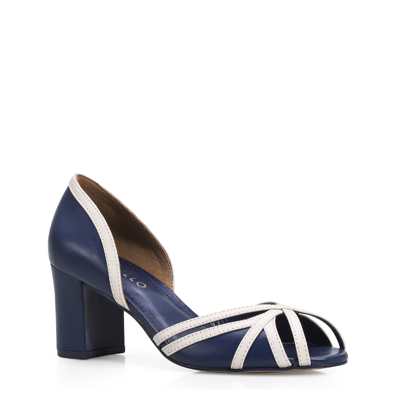 Peep Toe Couro Azul/Off White