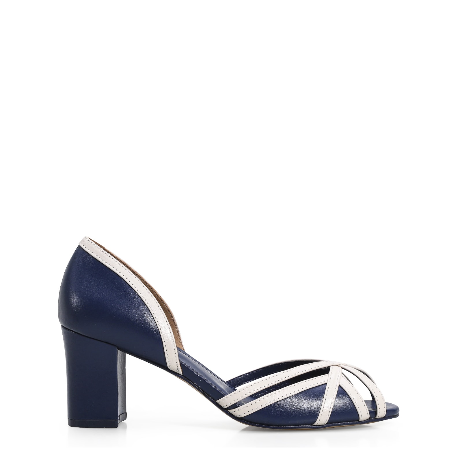 Peep Toe Couro Azul/Off White