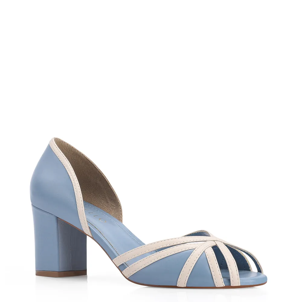 Peep Toe Couro Azul/Off White