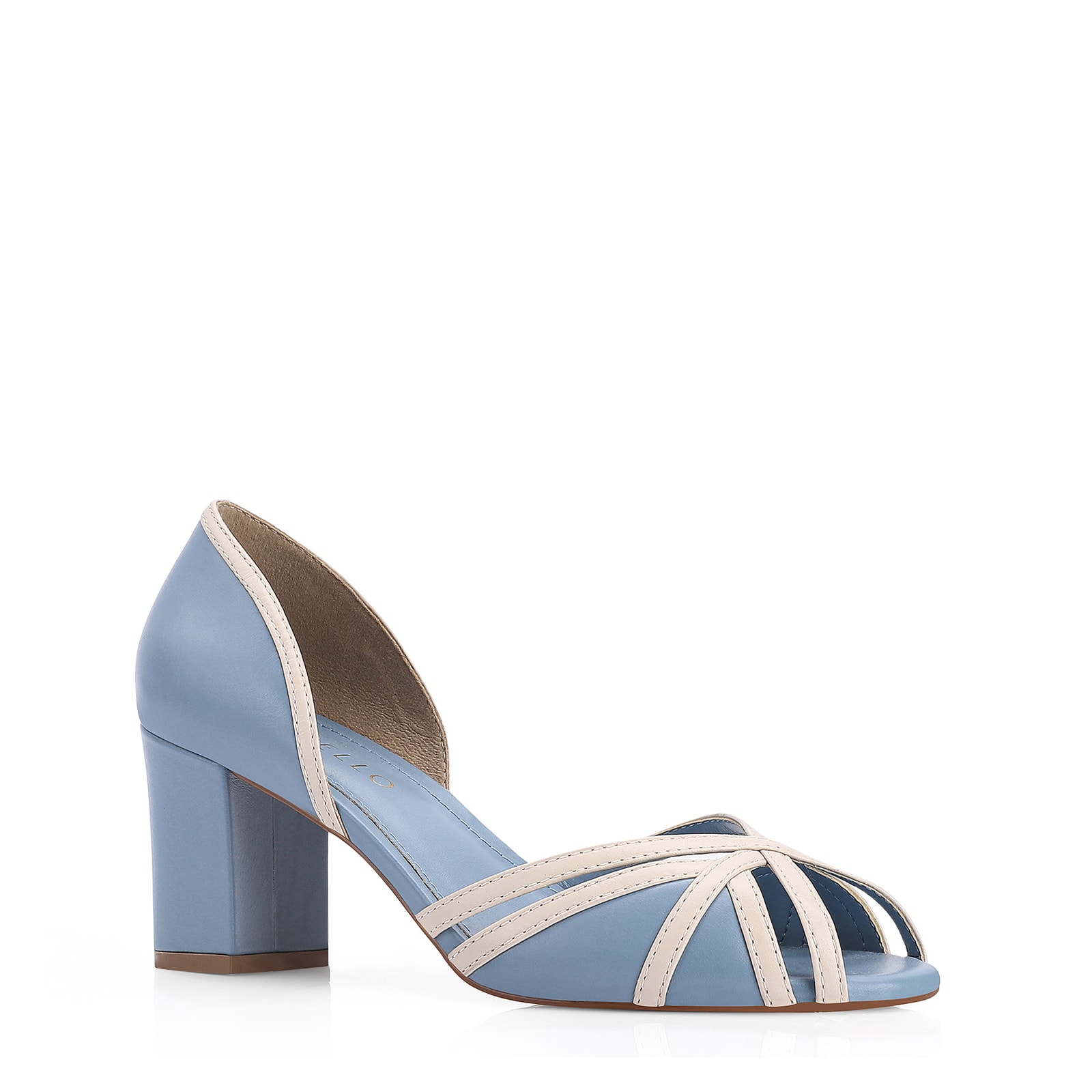 Peep Toe Couro Azul/Off White