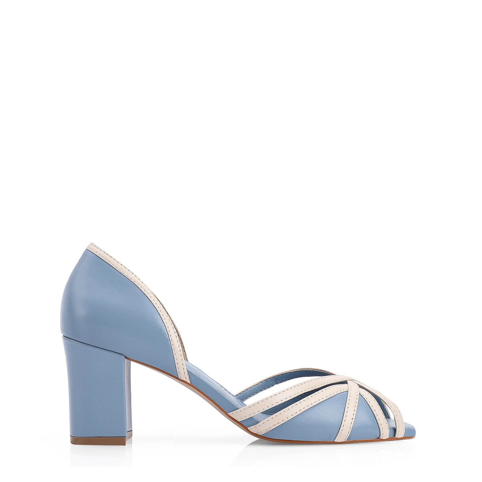 Peep Toe Couro Azul/Off White