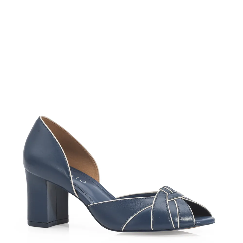 Peep Toe Couro Azul/Off White
