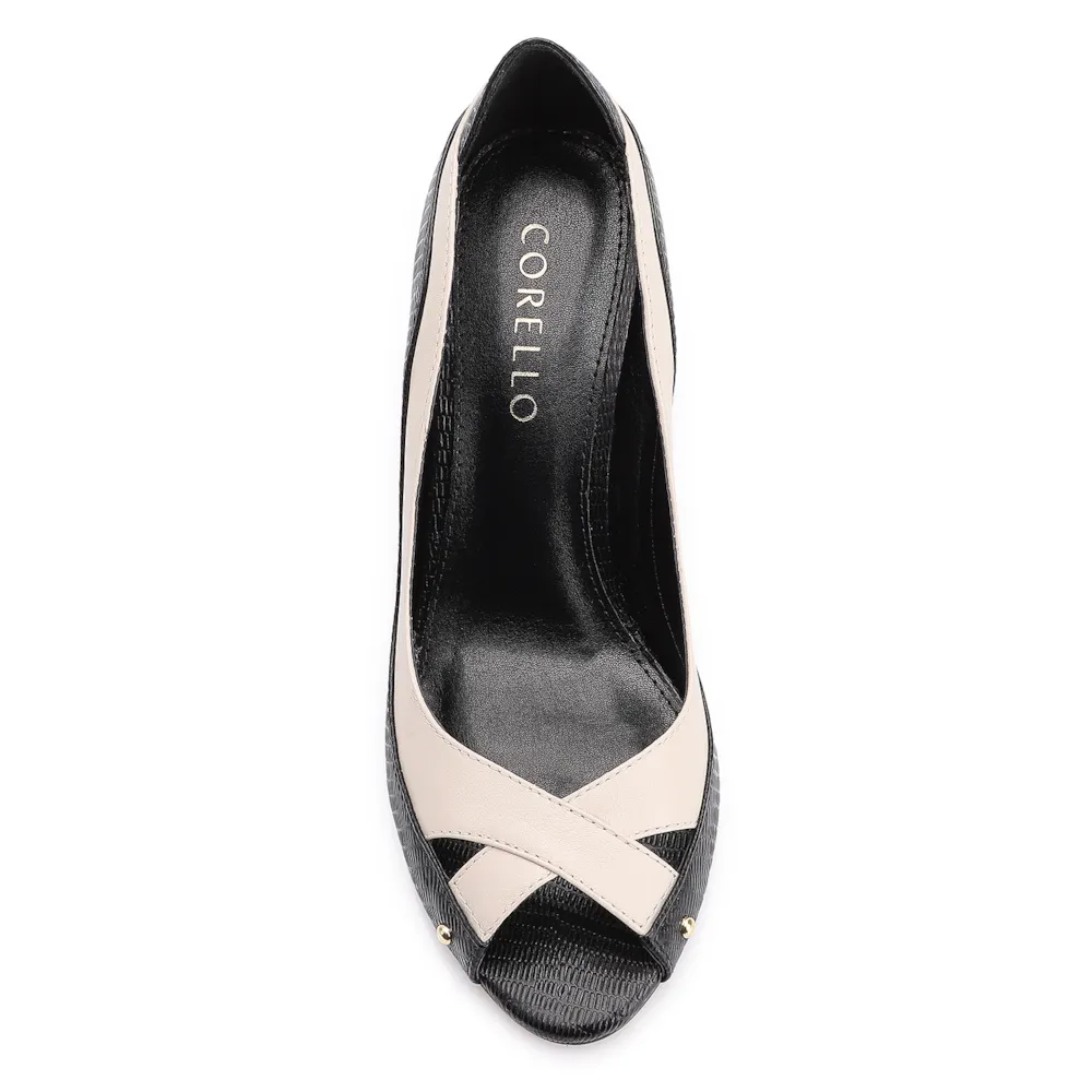 Peep Toe Couro Lezard Preto/Couro Off White - imagem 5