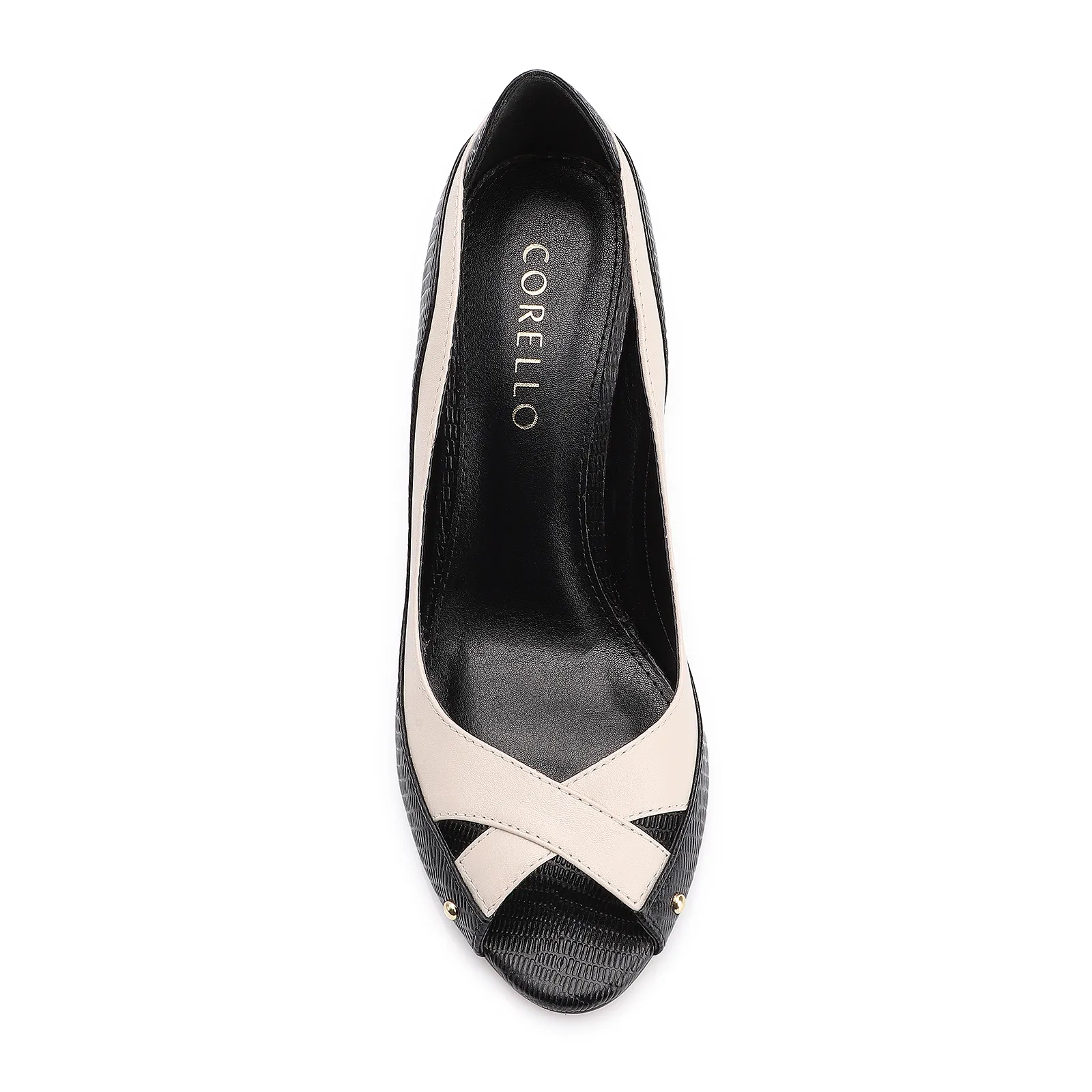 Peep Toe Couro Lezard Preto/Couro Off White