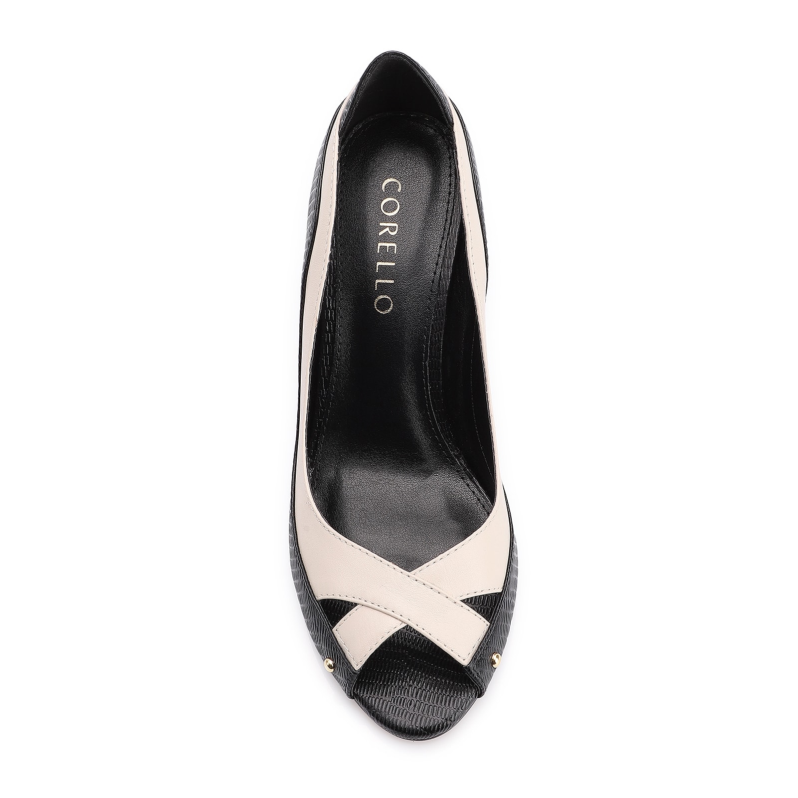 Peep Toe Couro Lezard Preto/Couro Off White