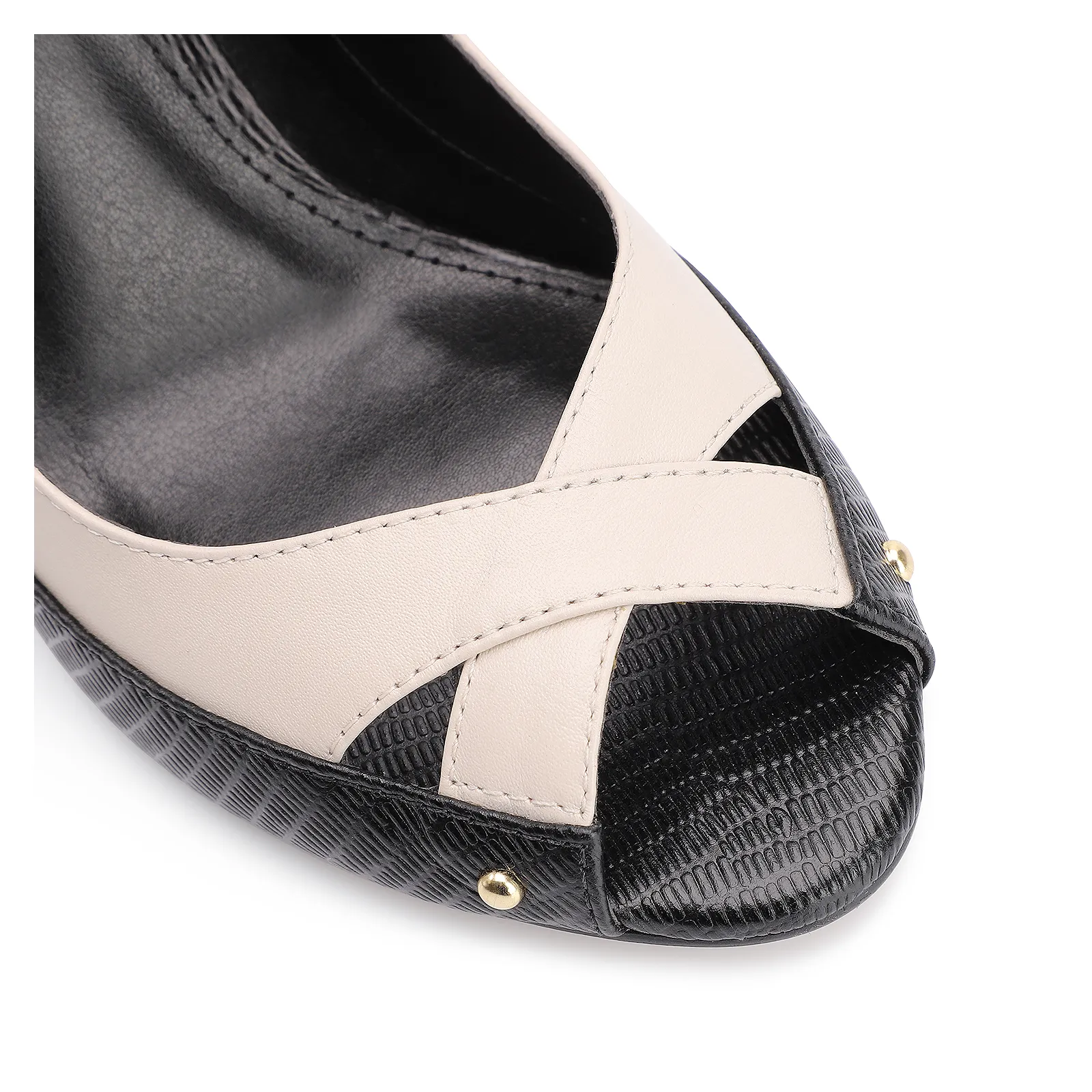 Peep Toe Couro Lezard Preto/Couro Off White