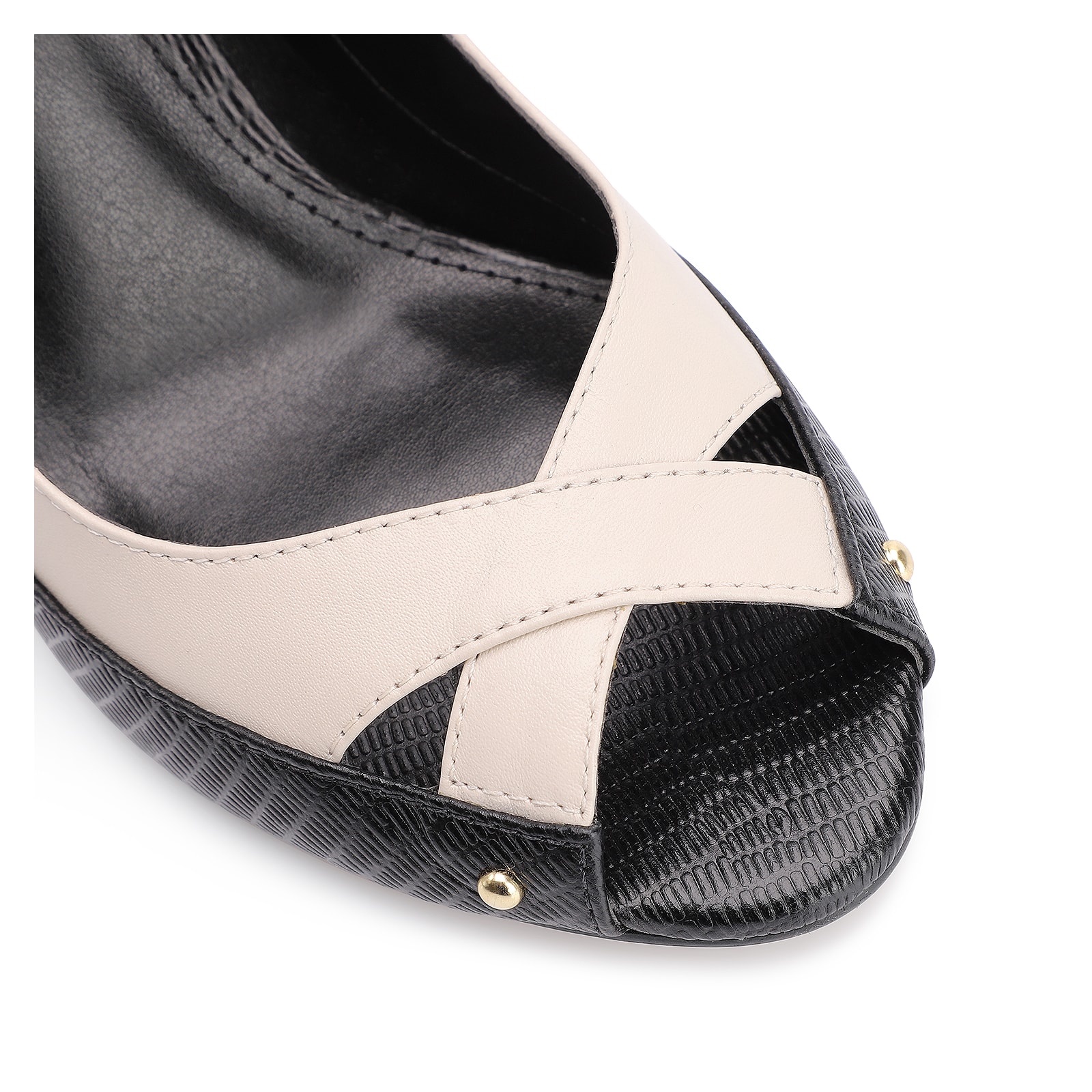 Peep Toe Couro Lezard Preto/Couro Off White